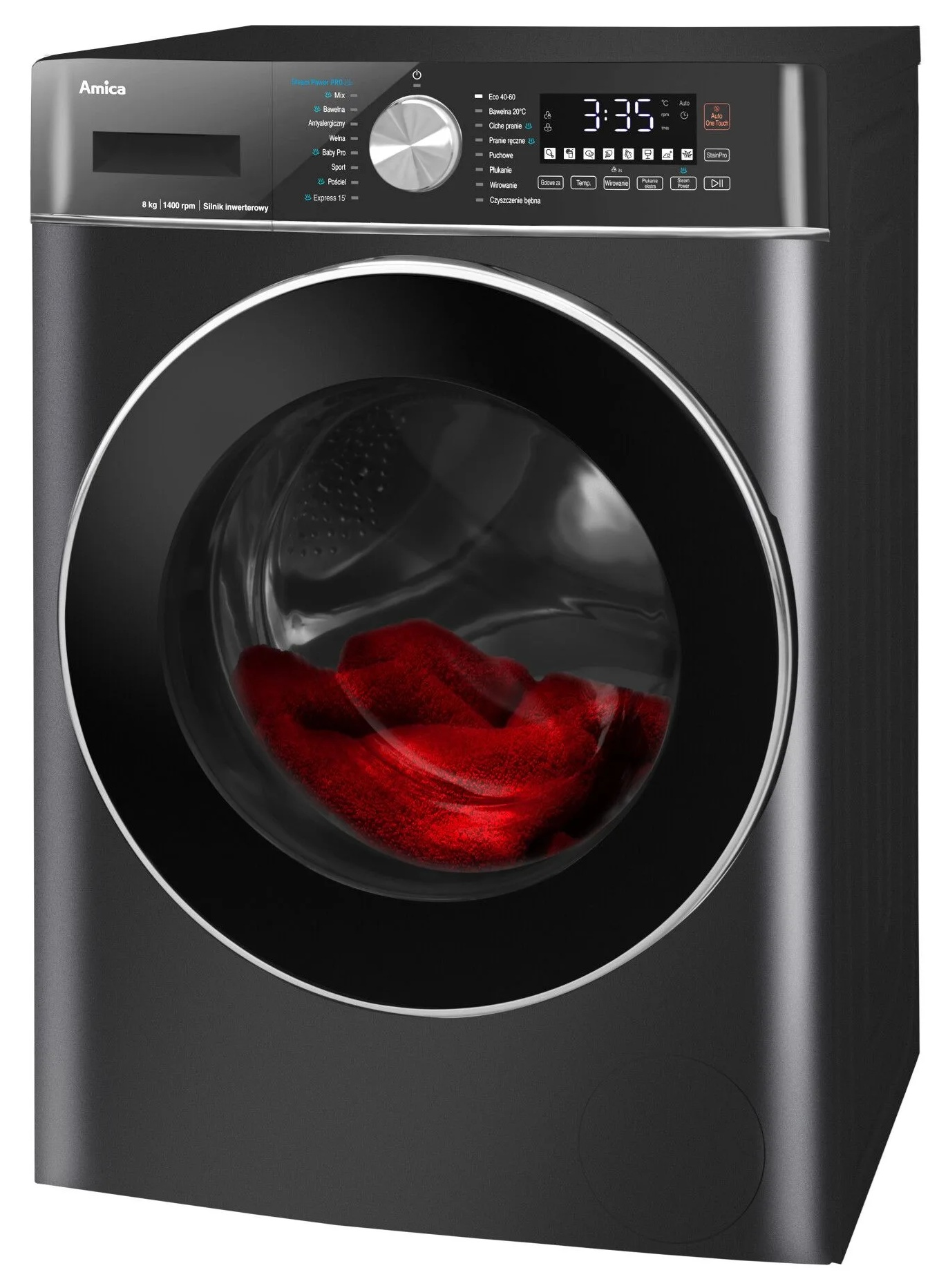 Czarna pralka Amica z szklanymi drzwiami, pokazująca czerwone ubrania w środku. Posiada cyfrowy wyświetlacz i różne przyciski.