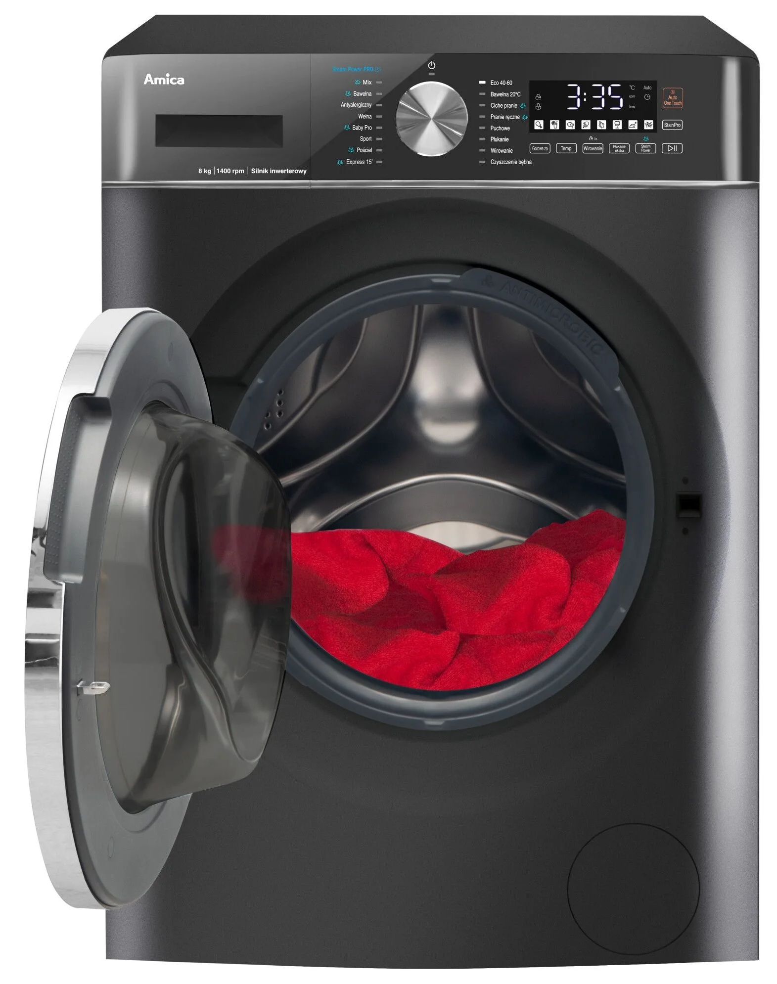 Czarna pralka z otwartymi drzwiami, pokazująca czerwoną bieliznę w środku. Wyświetlacz cyfrowy pokazuje 3:35. Marka Amica.
