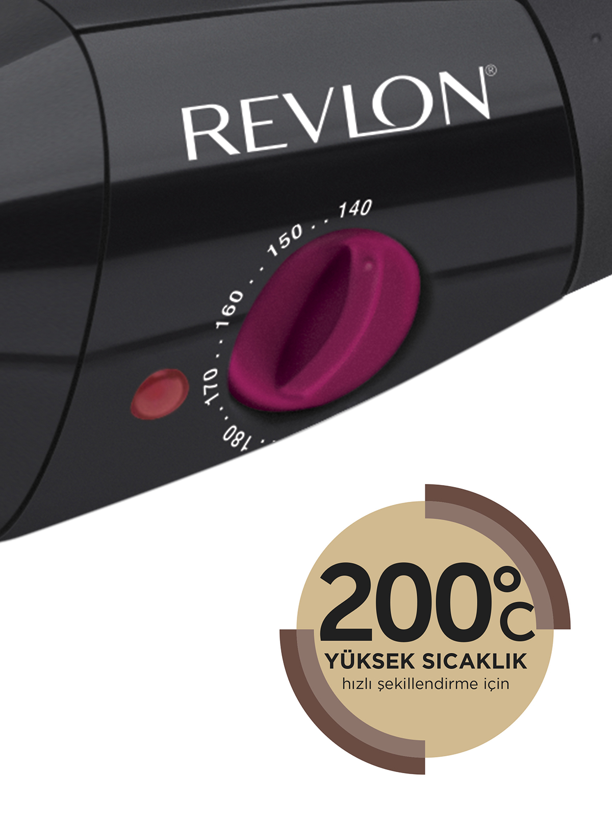 Pembe sıcaklık kadranlı siyah Revlon saç kurutma makinesi. Etiket: Yüksek ısıda şekillendirme için 200°C.
