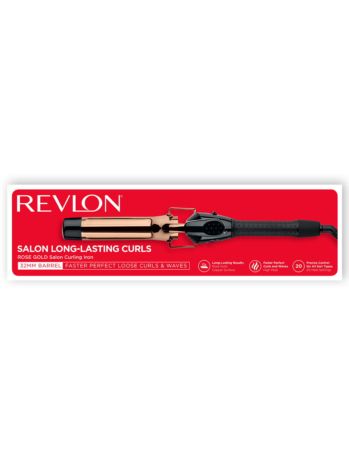 Kırmızı bir arka plan üzerinde sergilenen, pembe altın ve siyah renkli bir Revlon saç maşası. Metin "Salon Long-Lasting Curls" ifadesini gösteriyor.