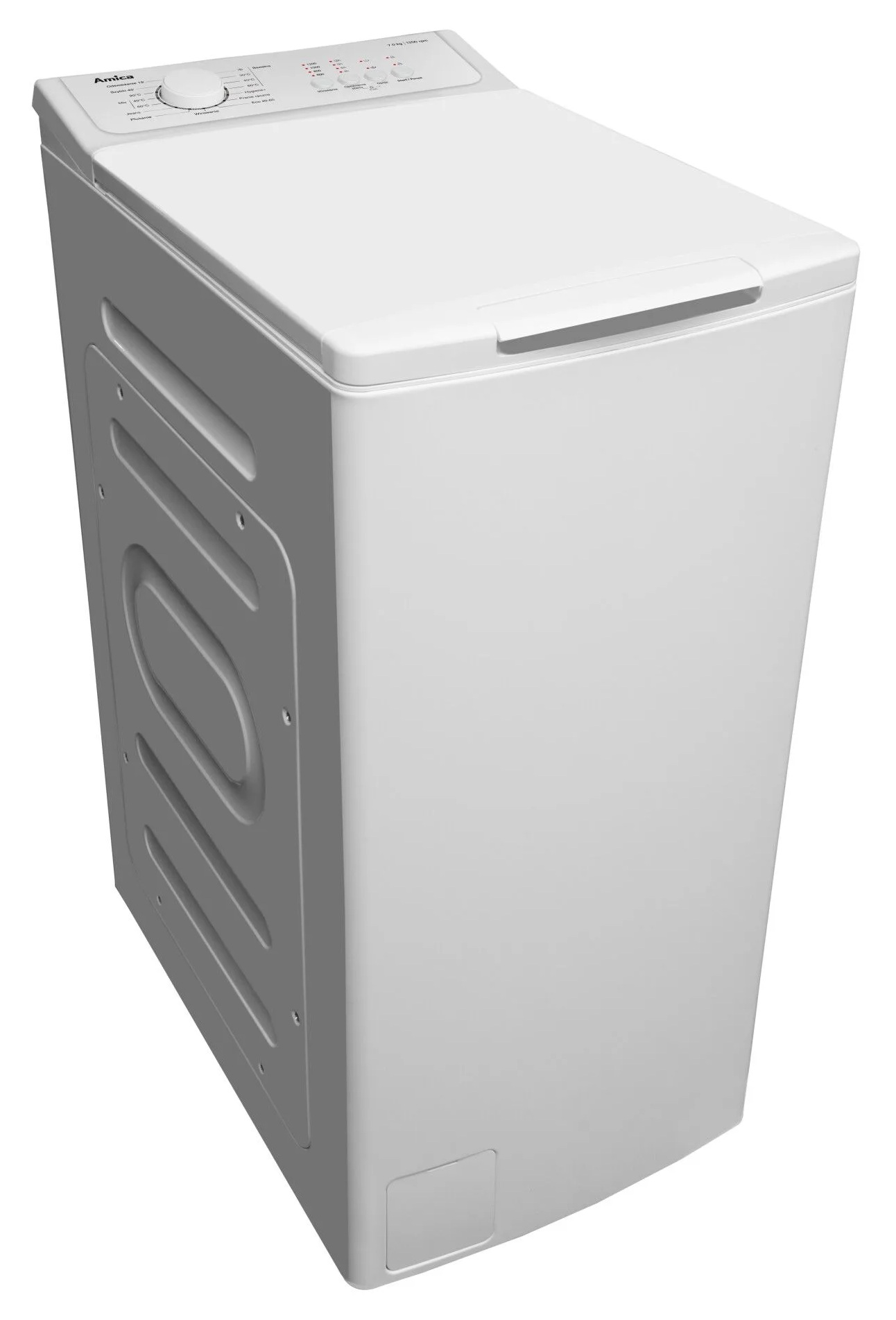 Widoczna jest biała pralka, skierowana w stronę widza. Widoczny jest panel sterowania z przyciskami i pokrętłem.