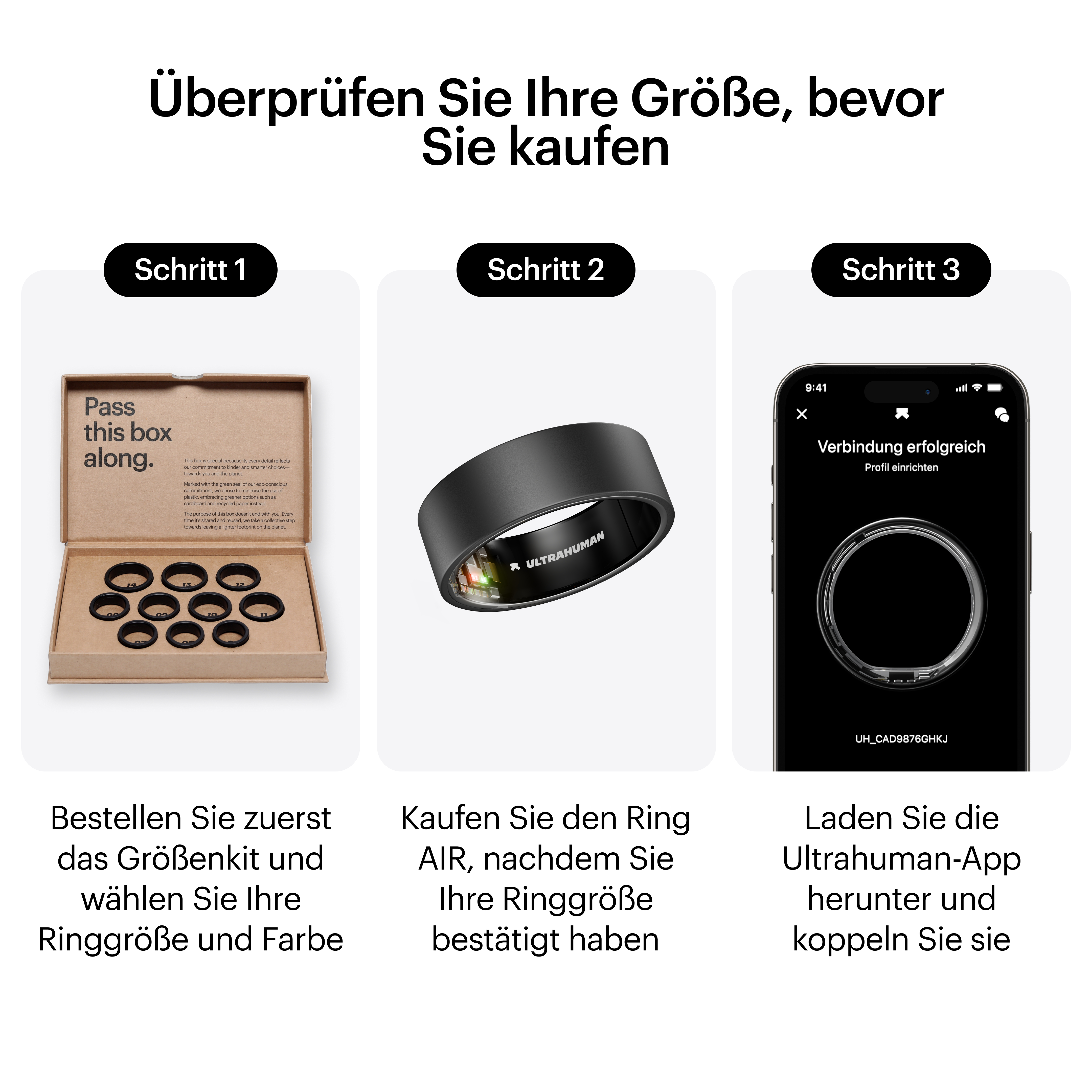 Anleitung zum Ringkauf: Größenkit besorgen, Ring kaufen, App herunterladen. Bilder zeigen Ring und Telefon.