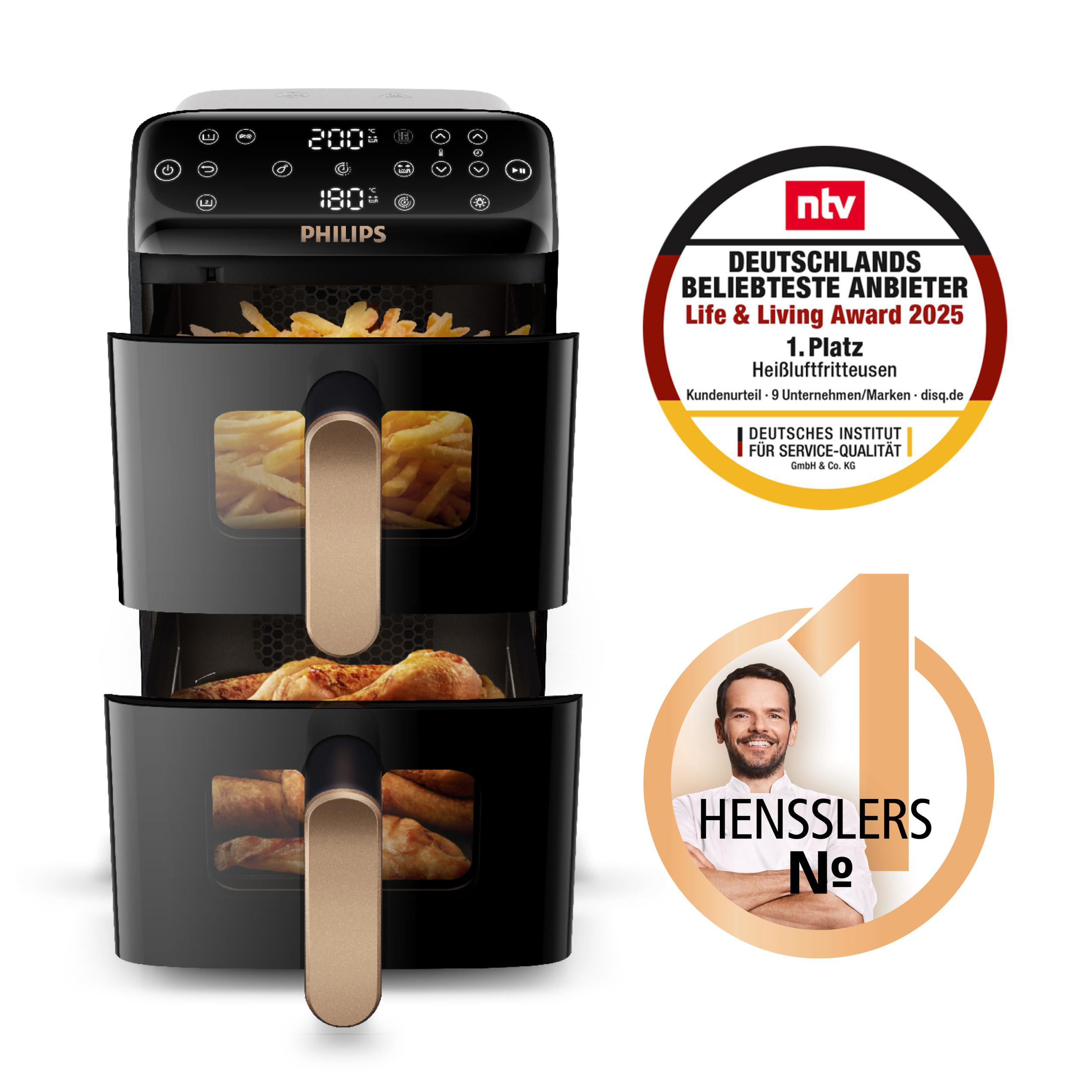 Ein Heißluftfritteuse mit Essen, ein Award-Badge und ein Mann auf einem kreisförmigen Badge.