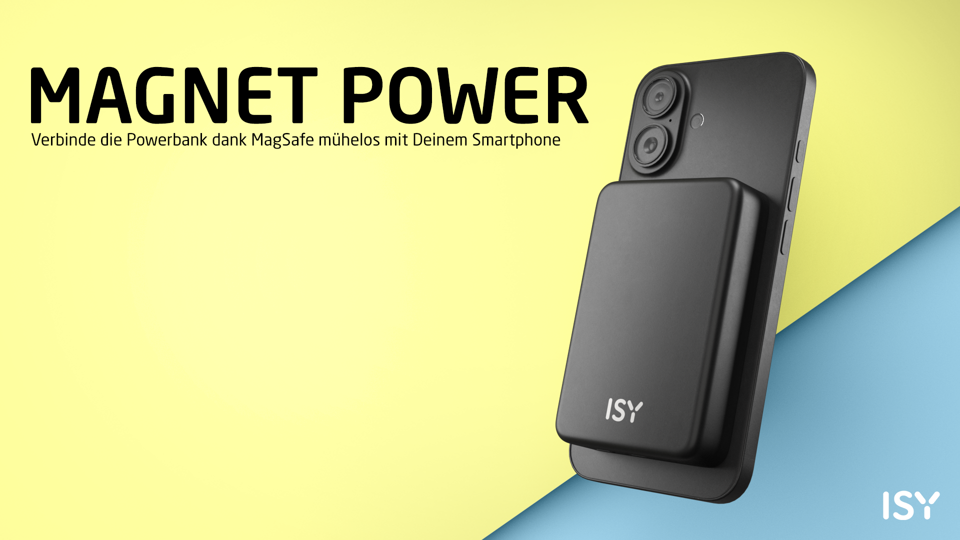 Schwarzes Smartphone mit angebrachter Powerbank. Gelber und blauer Hintergrund mit "MAGNET POWER" in fetter Schrift.