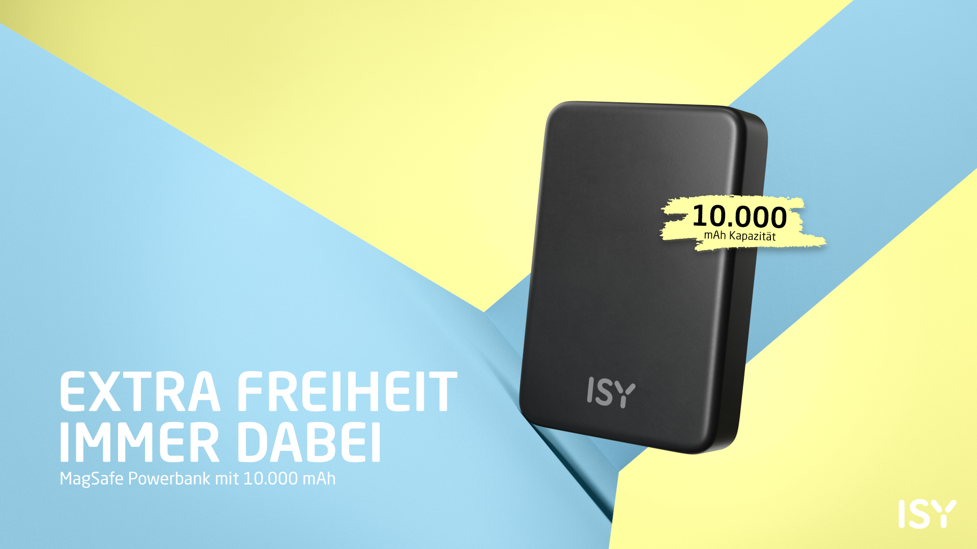 Schwarze Powerbank mit 10.000 mAh Kapazität auf gelb-blauem Hintergrund mit Text 'EXTRA FREIHEIT IMMER DABEI'.