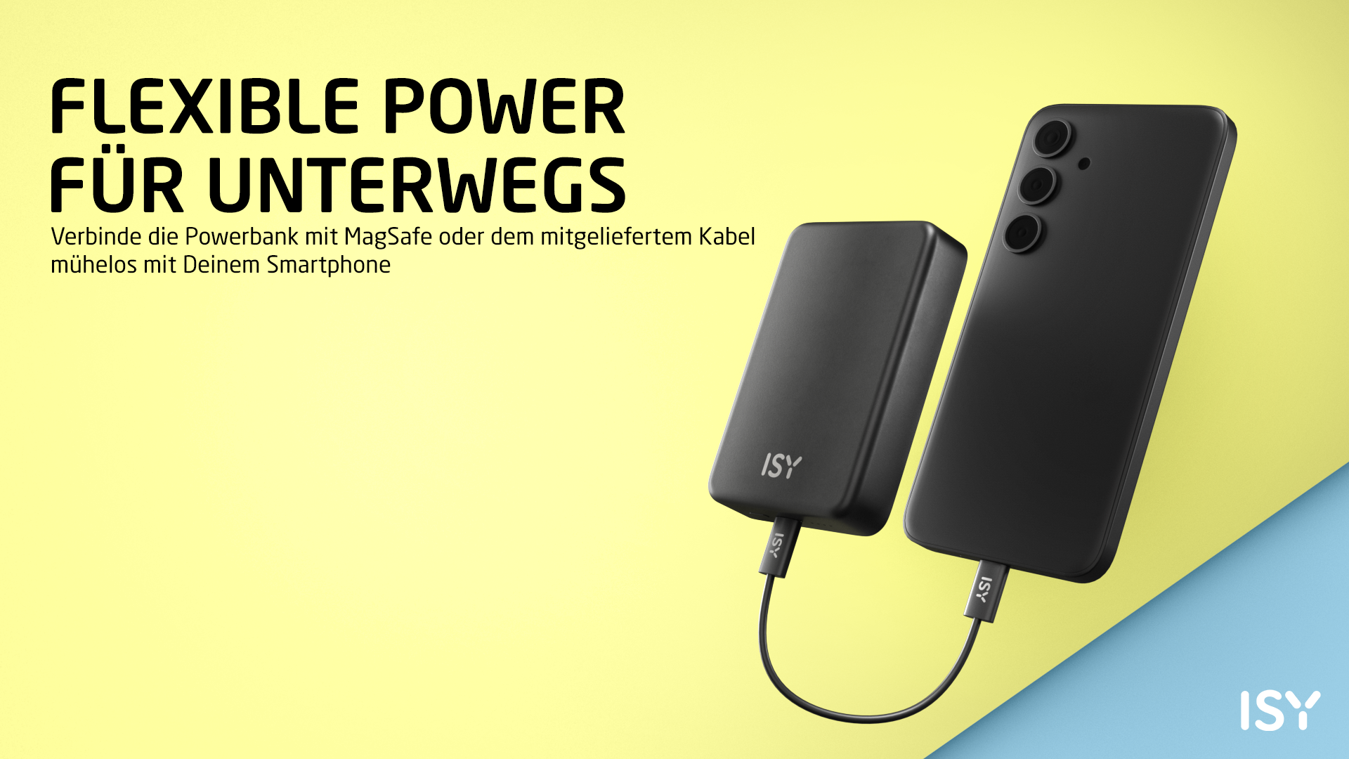 Das Bild zeigt eine schwarze Powerbank und ein schwarzes Smartphone, die durch Kabel verbunden sind. Text sagt 'Flexible Power'. Hintergrund gelb und blau.