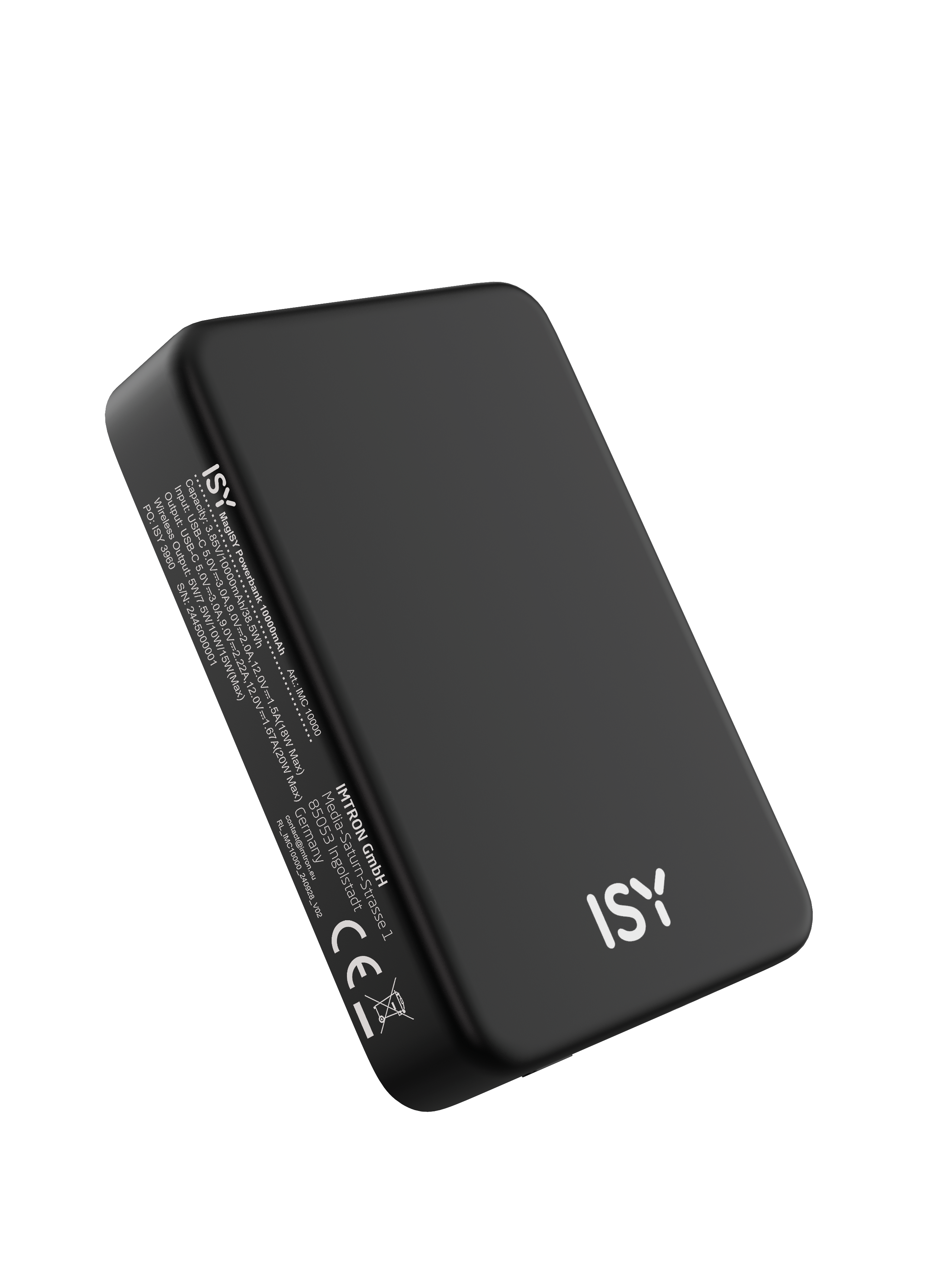 Eine schwarze ISY Powerbank. Textdetails Kapazität, Ein-/Ausgang und Herstellerinformationen.