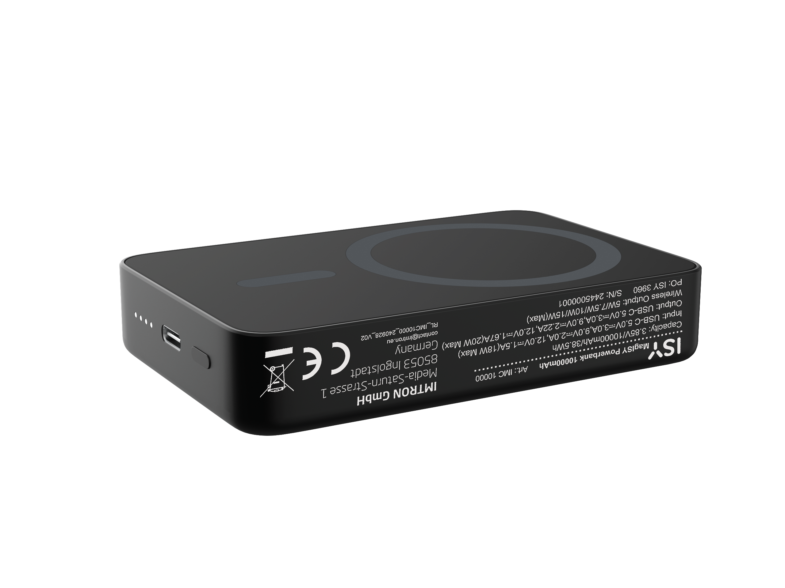 Schwarze Powerbank mit kabelloser Ladefläche, USB-Anschlüssen und gedruckten Spezifikationen.