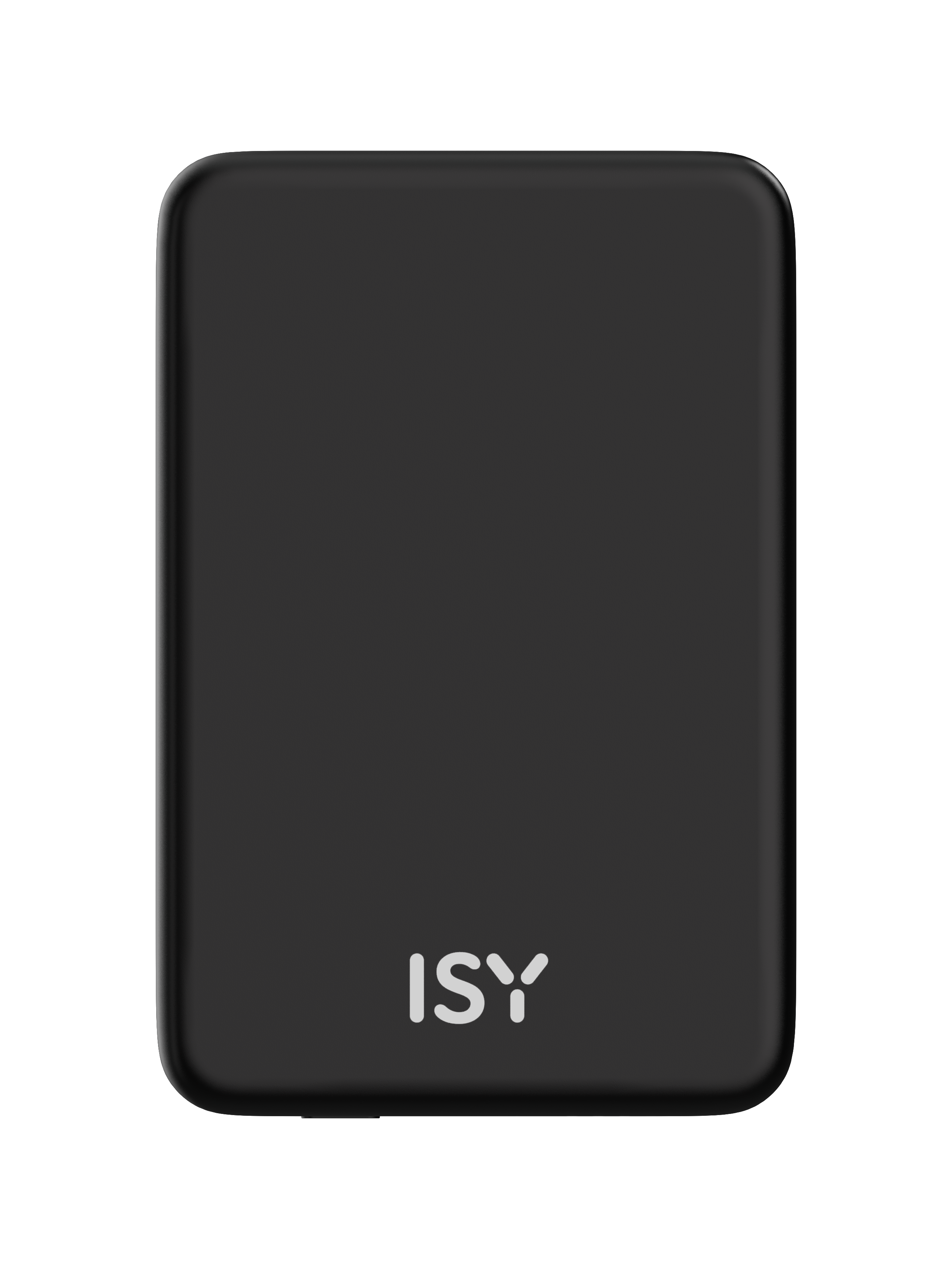 Ein schwarzes rechteckiges Gerät mit abgerundeten Ecken. Unten stehen die weißen Buchstaben 'ISY'.