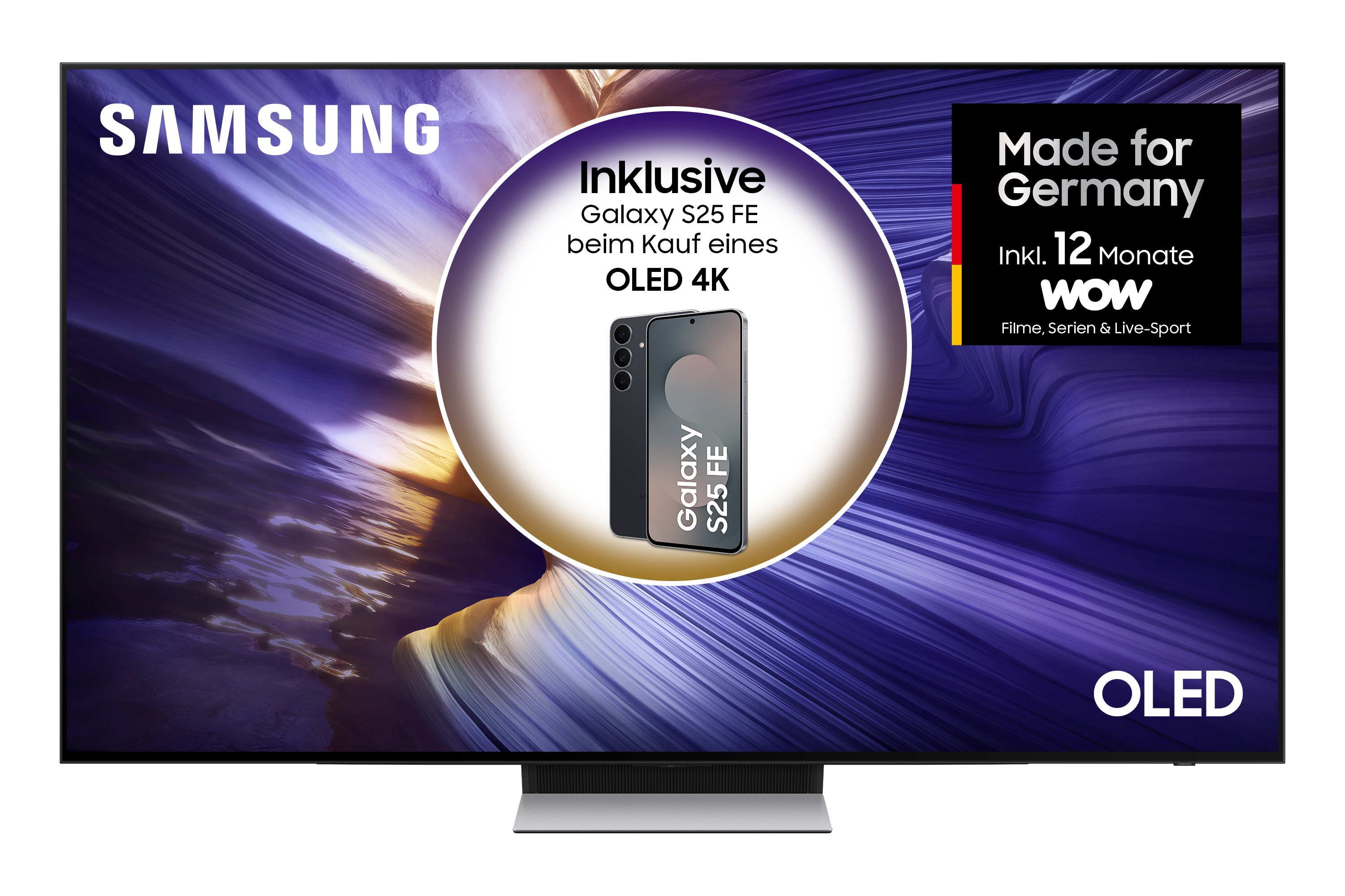 Samsung OLED-TV mit Telefongrafik, mit Text über eine Aktion.