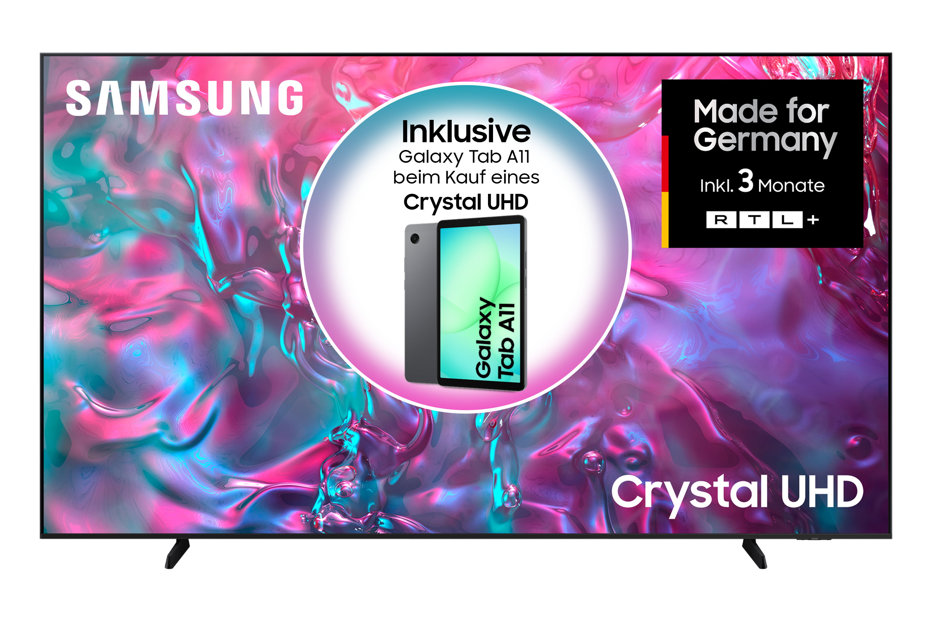 Ein Samsung Crystal UHD TV mit Tablet-Angebot. Enthält den Text 'Made for Germany' und einen bunten Hintergrund.