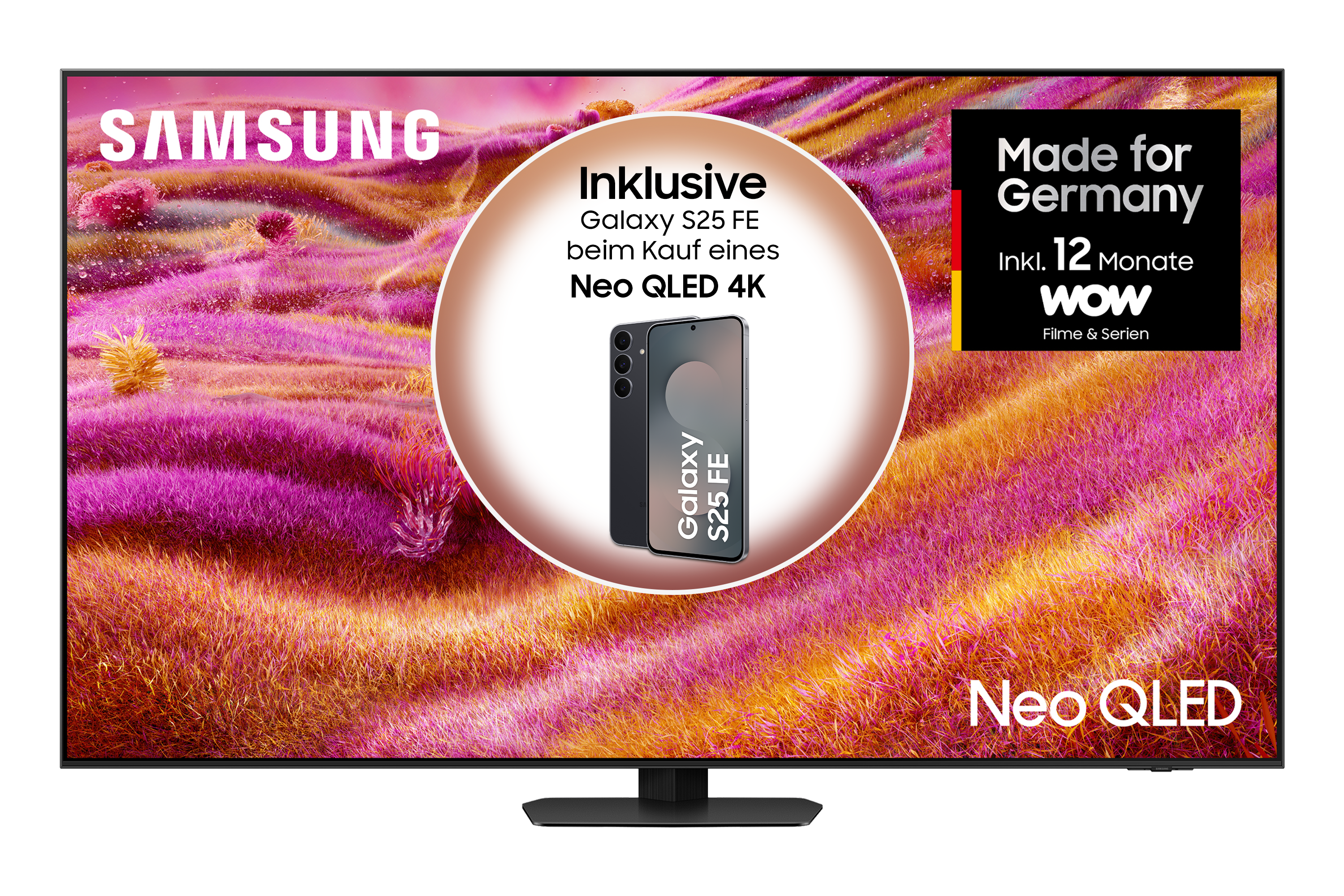 Samsung Neo QLED TV mit Galaxy S25 FE-Aktion. Merkmale sind 'Made for Germany' und '12 Monate WOW'.