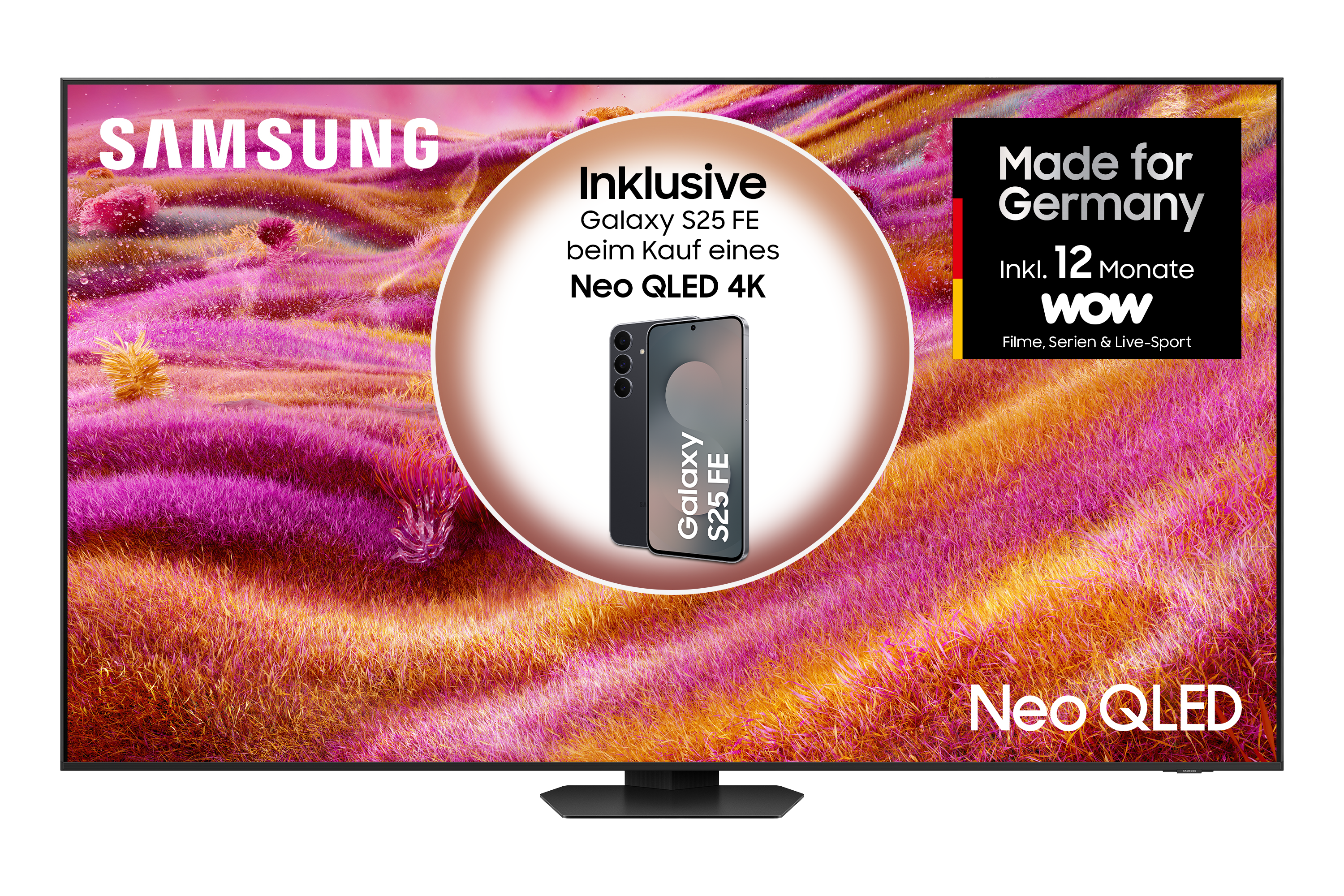 Samsung Neo QLED Fernseher mit Telefonwerbung. Enthält deutschen Text, ein Telefon und farbenfrohen Hintergrund.