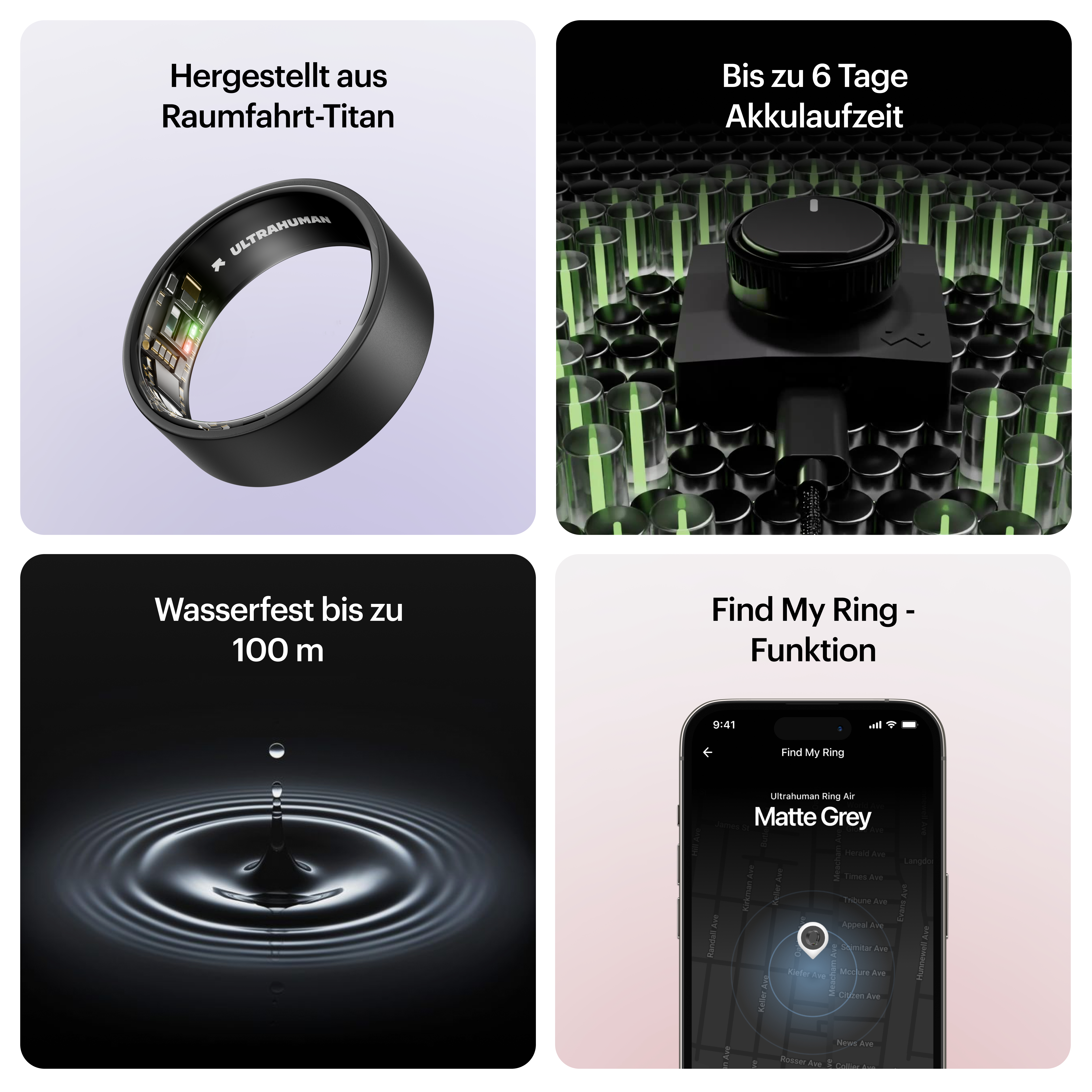 Das Bild zeigt einen schwarzen Ring, eine Akkuanzeige, einen Wassertropfen und eine Karte mit dem Standort des Rings.