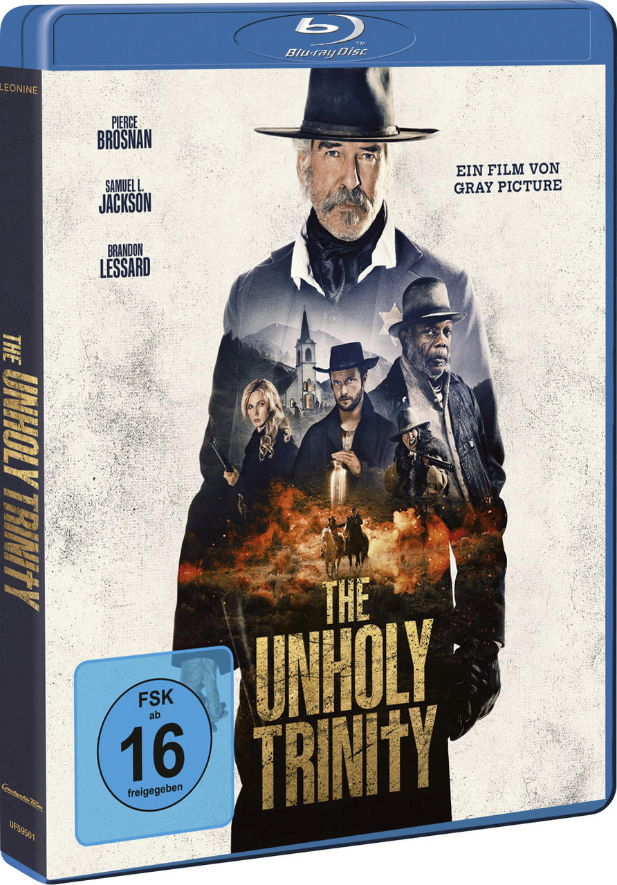 Blu-ray-Cover: Pierce Brosnan, Samuel L. Jackson und Brandon Lessard in einem Westernfilm mit dem Titel 'The Unholy Trinity'.