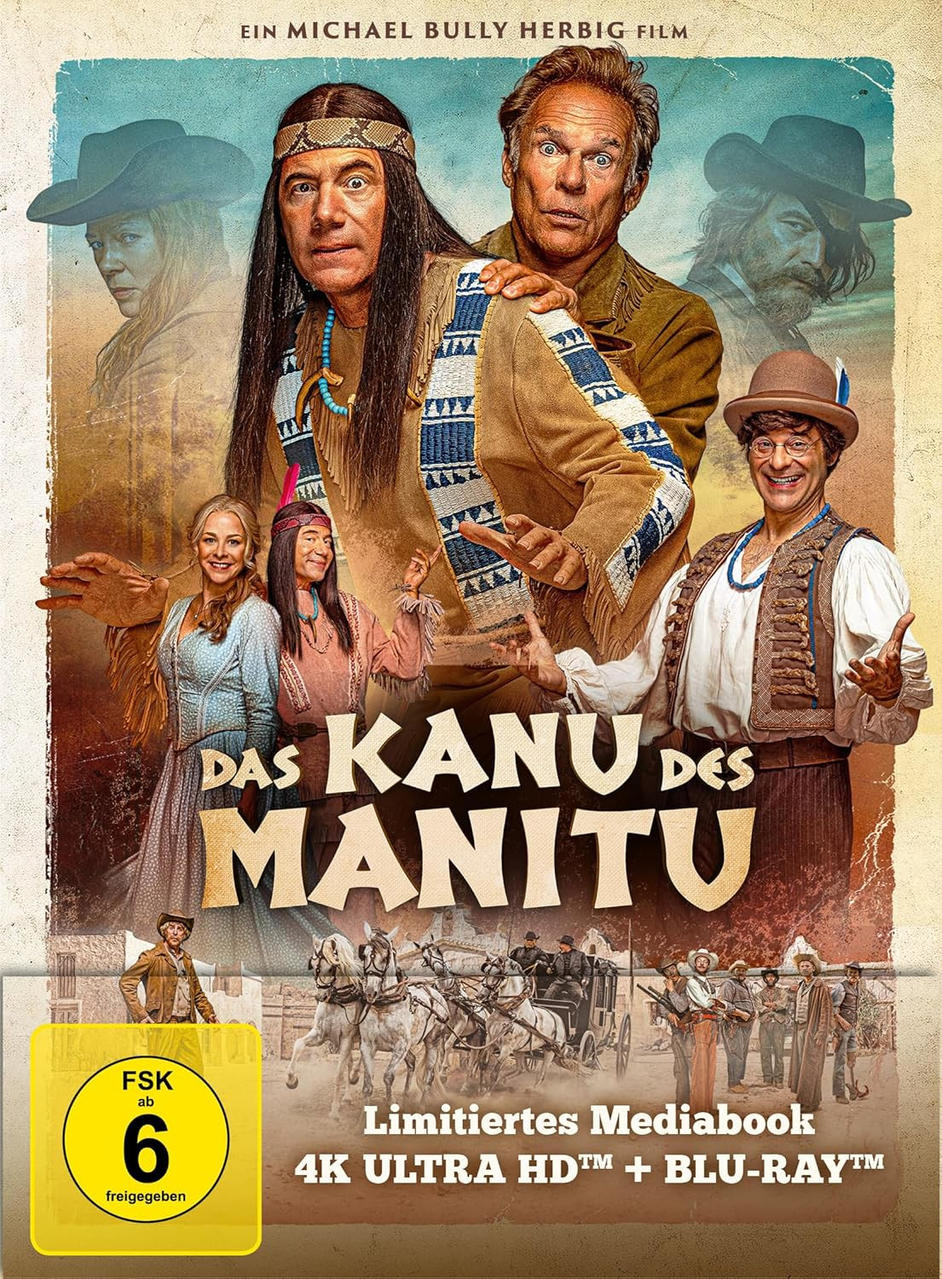 Filmposter mit Schauspielern in Kostümen. Der Titel "Das Kanu des Manitu" ist prominent. Ein Bewertungsschild befindet sich unten links.