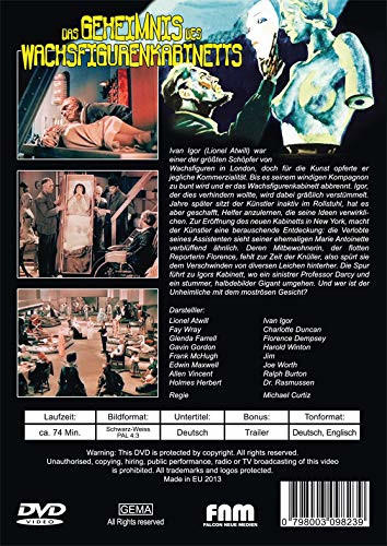 DVD-Cover. Titel: Das Geheimnis des Wachsfigurenkabinetts. Mit Filmbildern und Text, unten ein Barcode.