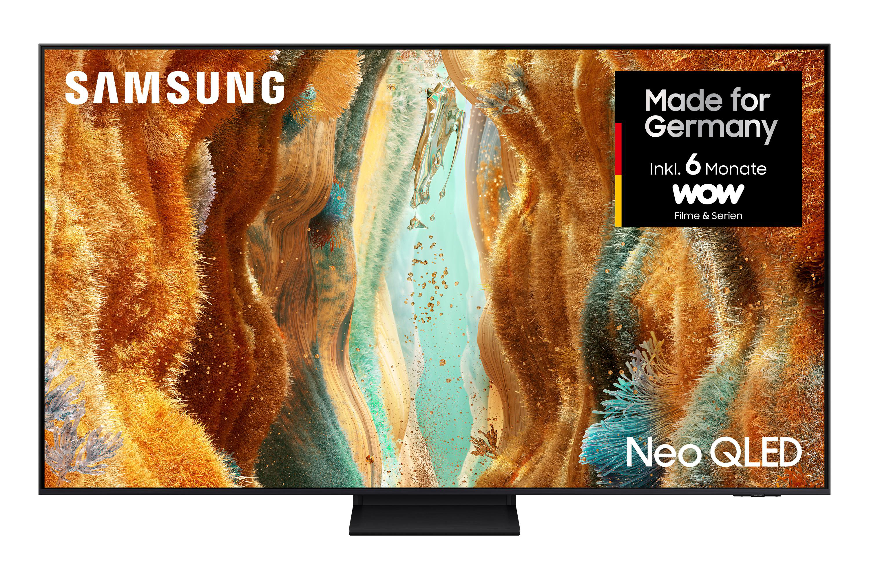 Samsung Neo QLED Fernseher. Bunte abstrakte Szene. Aufkleber "Made for Germany" rechts.