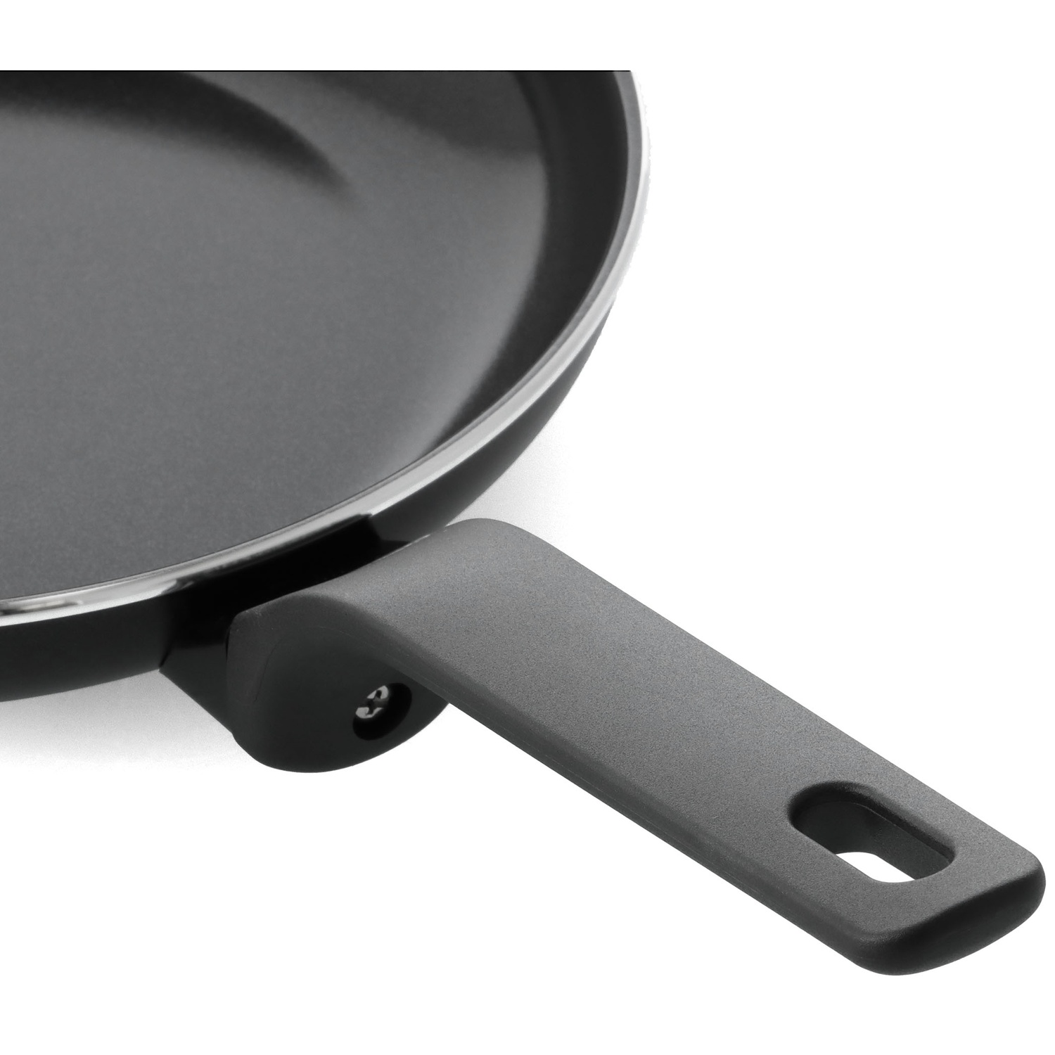 Close-up of a gray frying pan with a black handle on a white background. The pan is round, with a non-stick surface.