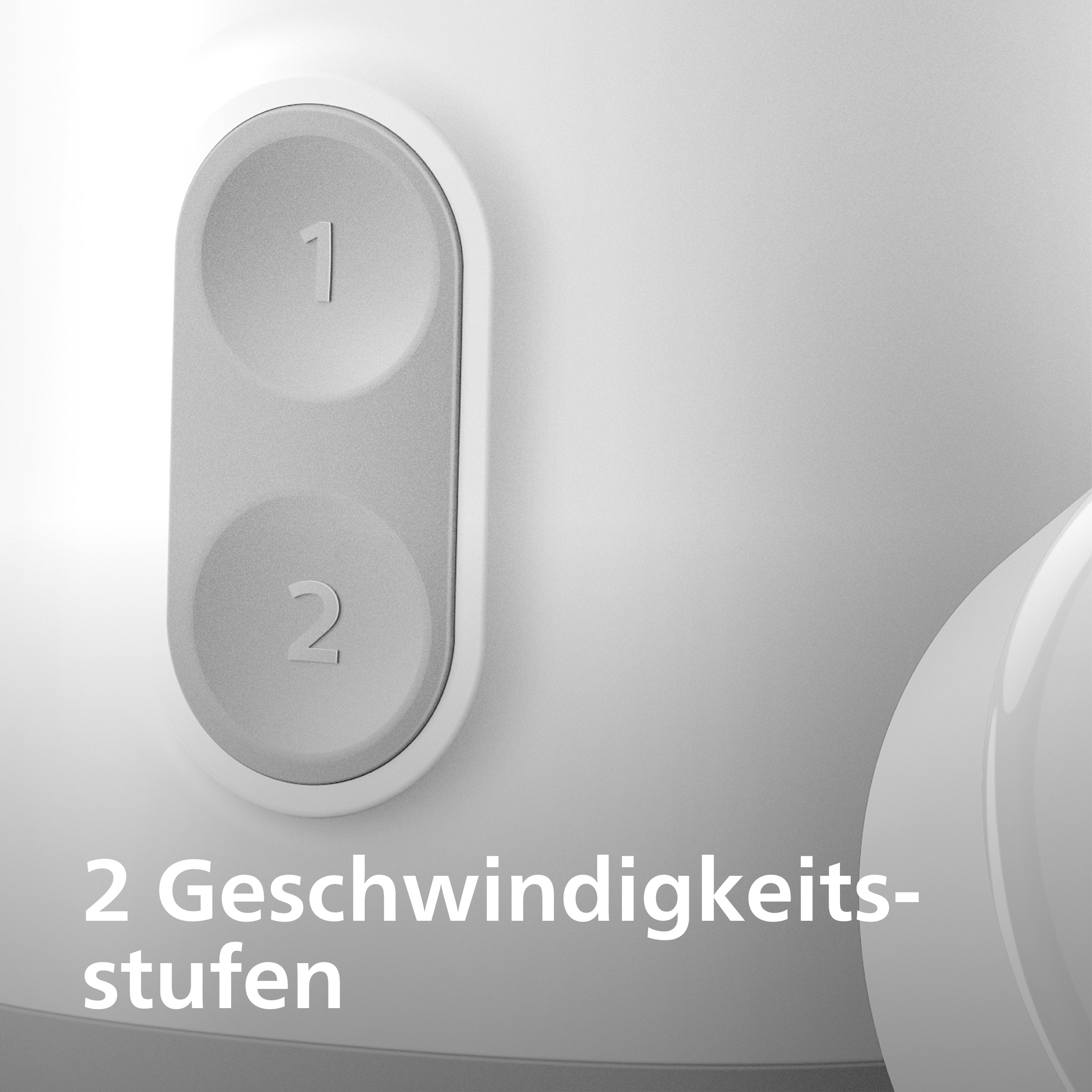 Nahaufnahme eines weißen Geräts mit zwei Geschwindigkeitsknöpfen mit der Aufschrift 1 und 2. Text unten lautet '2 Geschwindigkeitsstufen'.