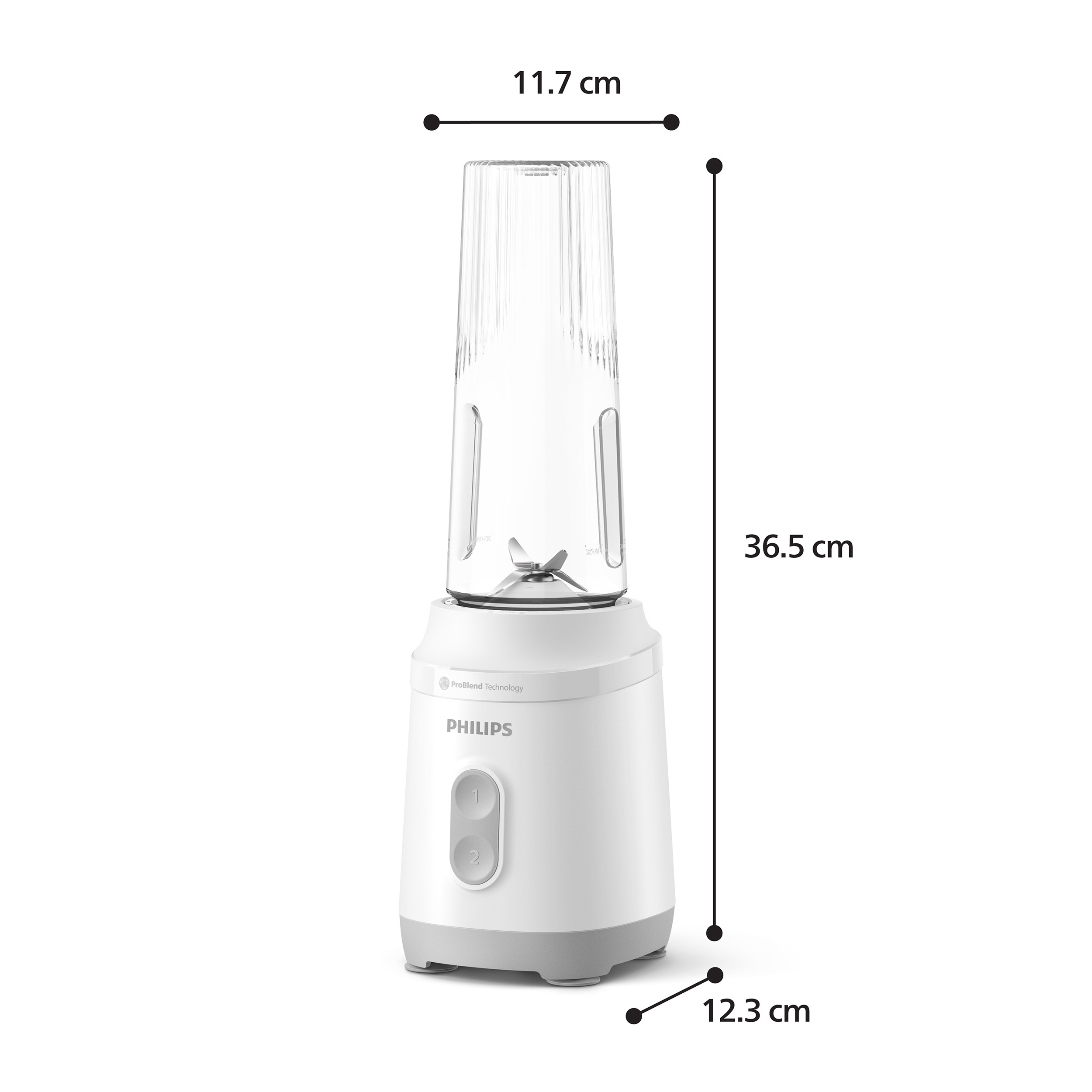 Ein weiß-grauer Philips-Mixer mit einem transparenten Behälter. Abmessungen werden mit schwarzen Linien und Text angezeigt.