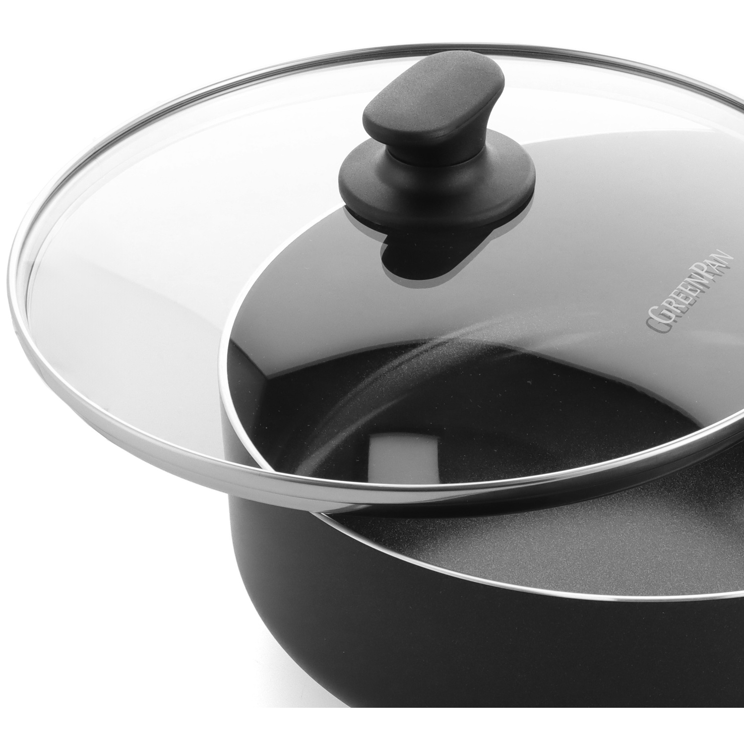 A black cooking pot with a glass lid. The lid has a black handle. The pot is on a white background.