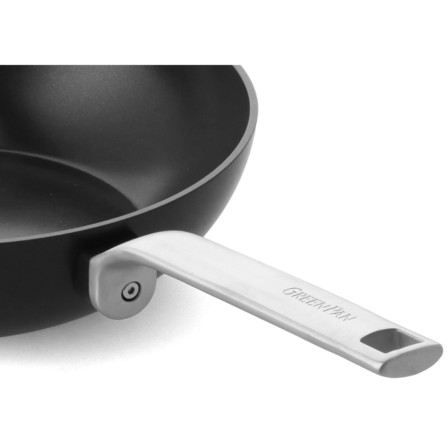 Close-up of a black frying pan with a silver handle. The handle has 'GREENPAN' etched on it. White background.