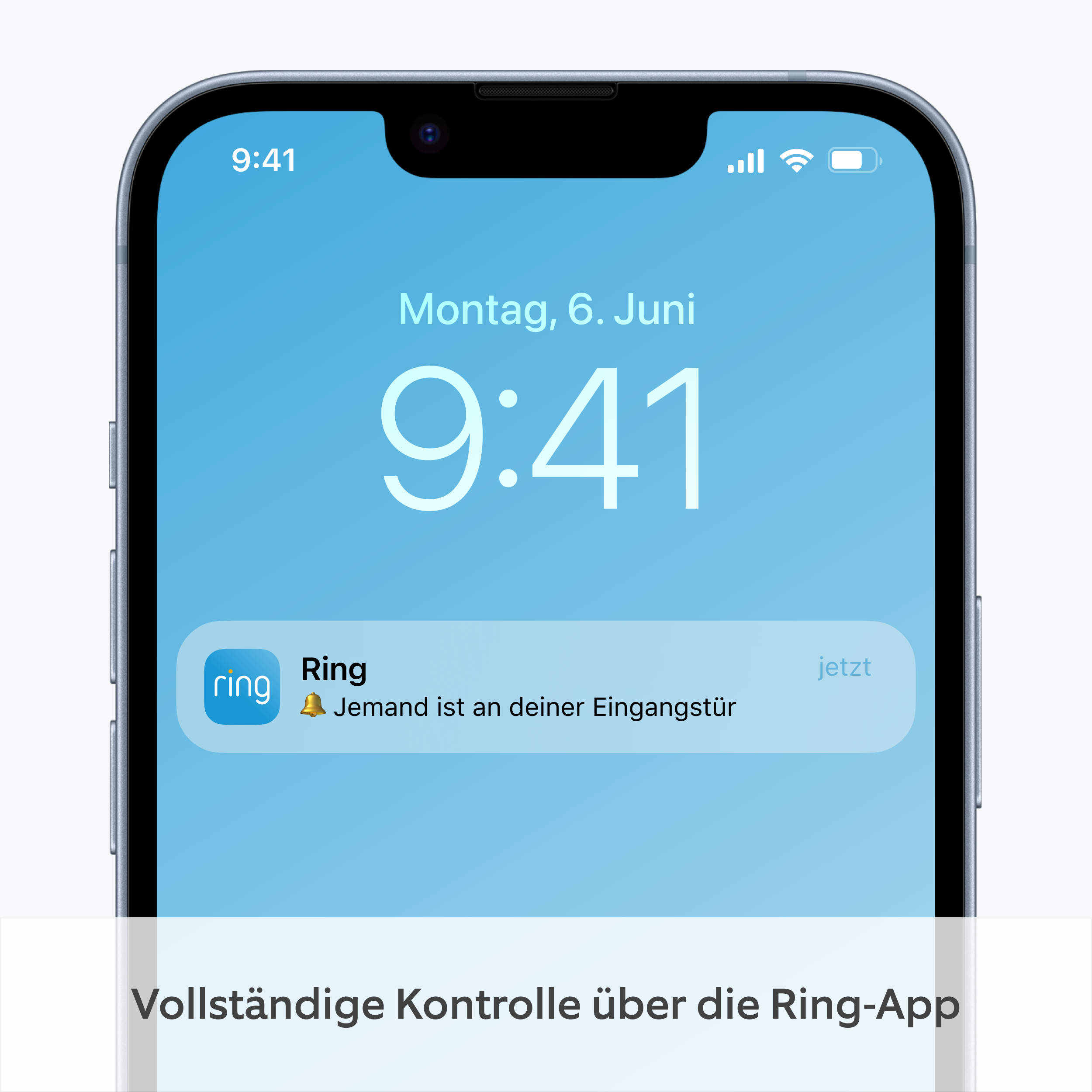 Ein iPhone-Bildschirm zeigt eine Ring-Benachrichtigung. Es zeigt die Uhrzeit, das Datum und eine Nachricht über jemanden an der Tür.