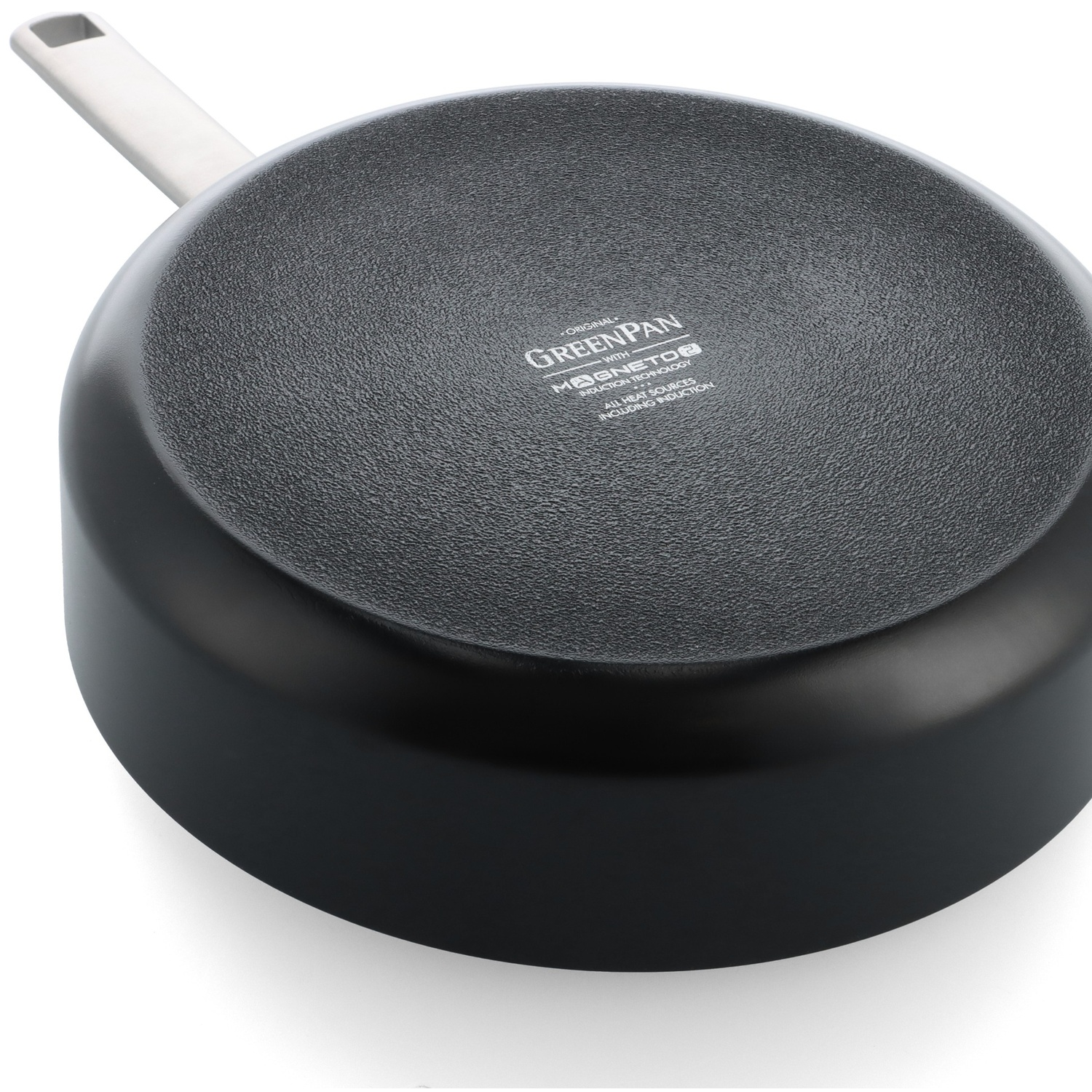 Black cooking pan with a white handle. The bottom of the pan is textured and marked with the brand name 'GreenPan'.
