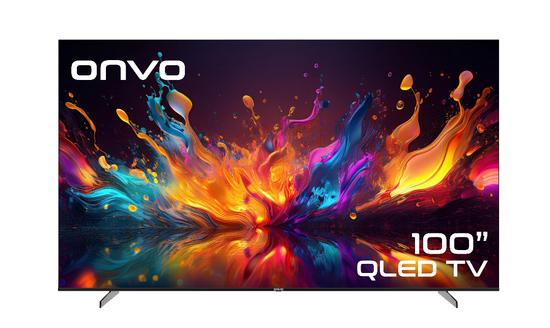 100" QLED TV, soyut renkli bir tasarım sergiliyor. "onvo" marka adı üstte. TV siyah bir arka plan üzerinde.