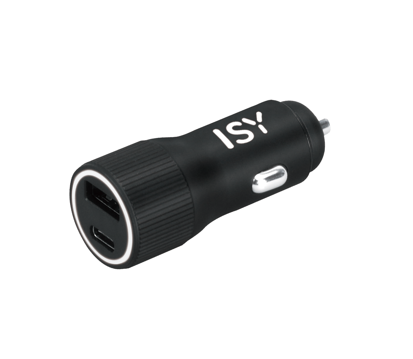 Un caricabatterie per auto ISY nero con porte USB e USB-C. Ha un anello argentato attorno alle porte e un pulsante argentato laterale.