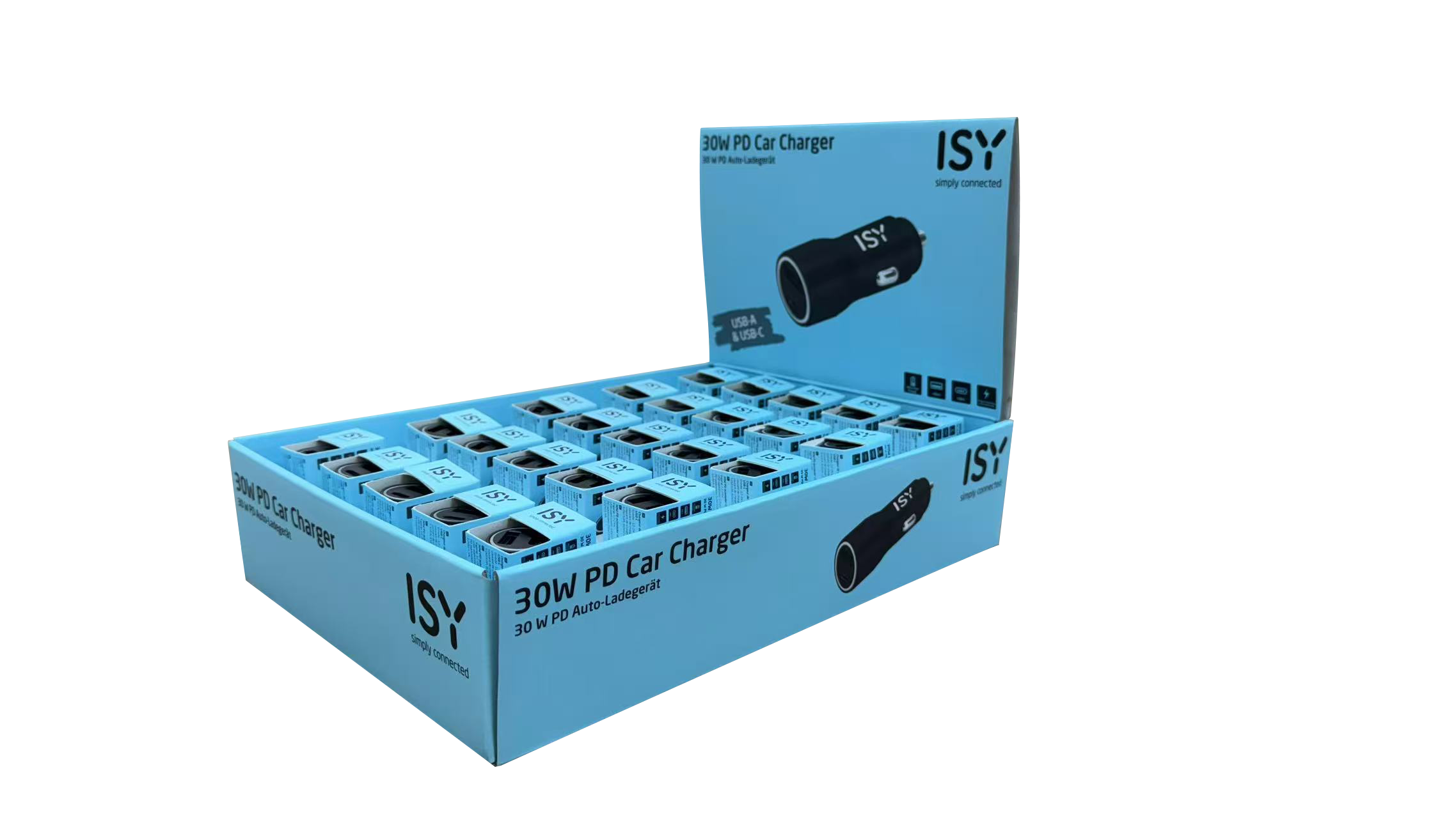 Espositore di caricabatterie per auto ISY 30W PD. Ogni caricabatterie è in una scatola piccola. La scatola è azzurra con testo e logo neri.