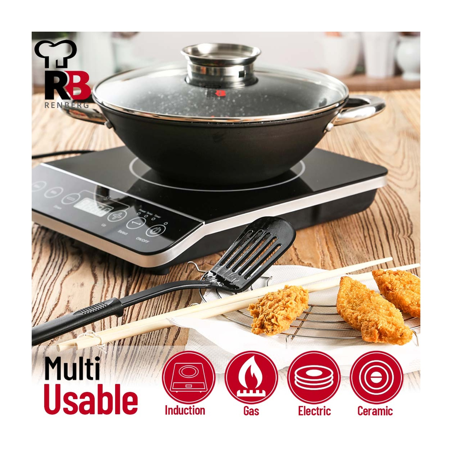 Un wok su un piano cottura a induzione, cibo fritto, spatola, bacchette e icone dei metodi di cottura.