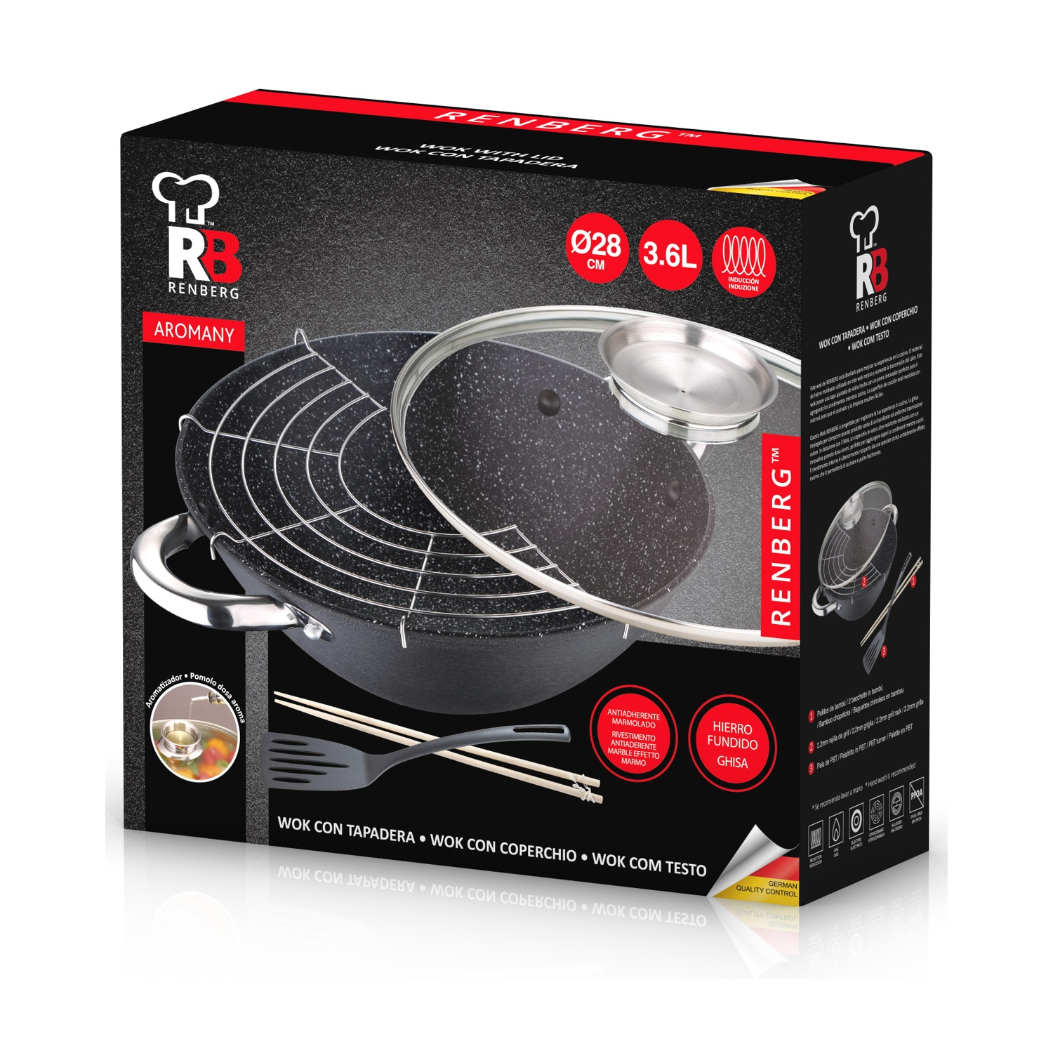 Wok in scatola, con coperchio e accessori. Include bacchette e spatola. Design nero e argento.