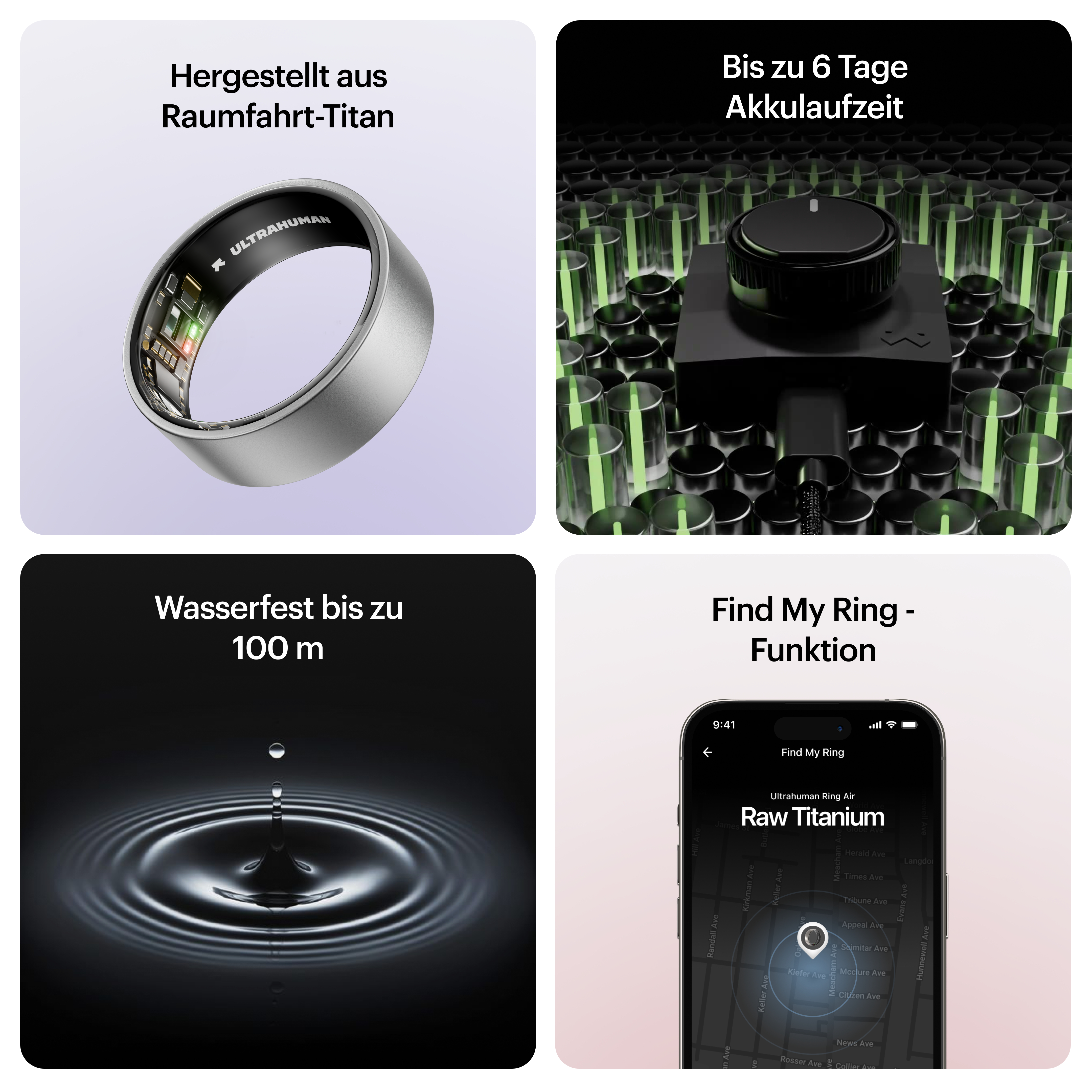 Ring aus Titan, Wassertropfen, Ladestation, Telefon mit Karte, alles auf weißem Hintergrund.