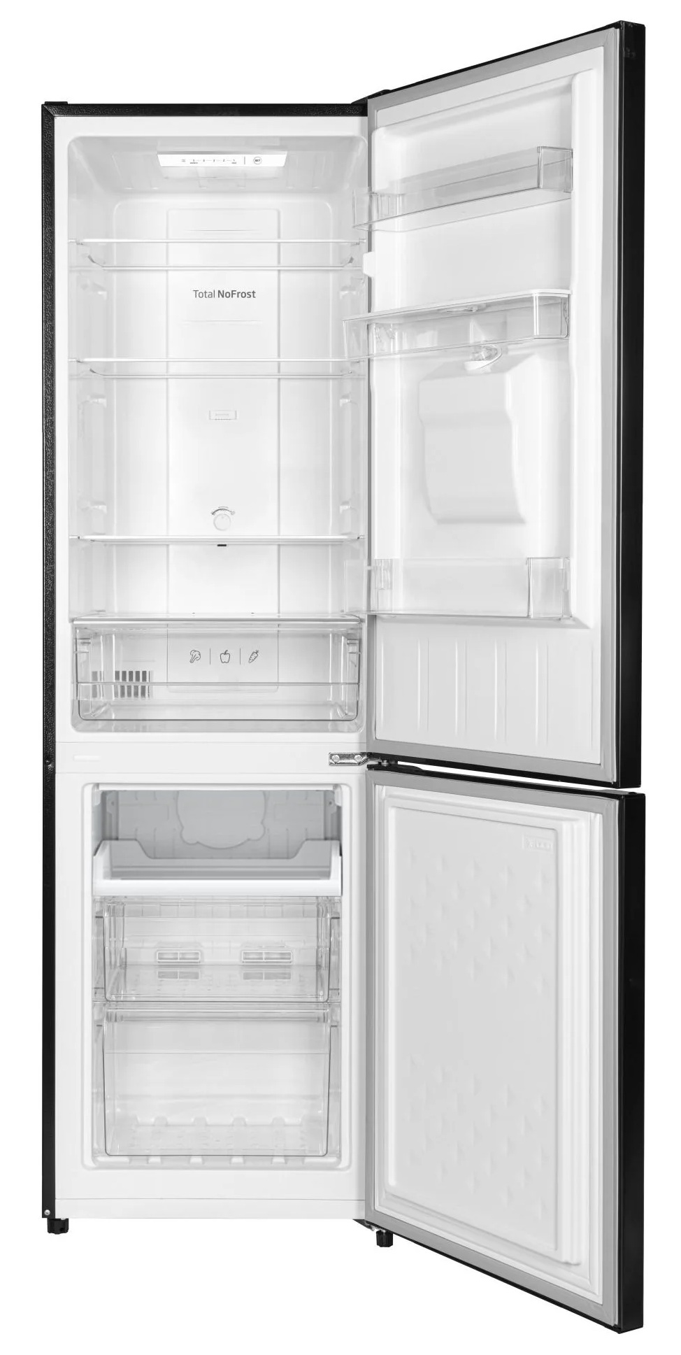 Otwarta lodówka. W środku znajdują się półki, szuflady i część zamrażalnika. Drzwi są czarne, a wnętrze białe.