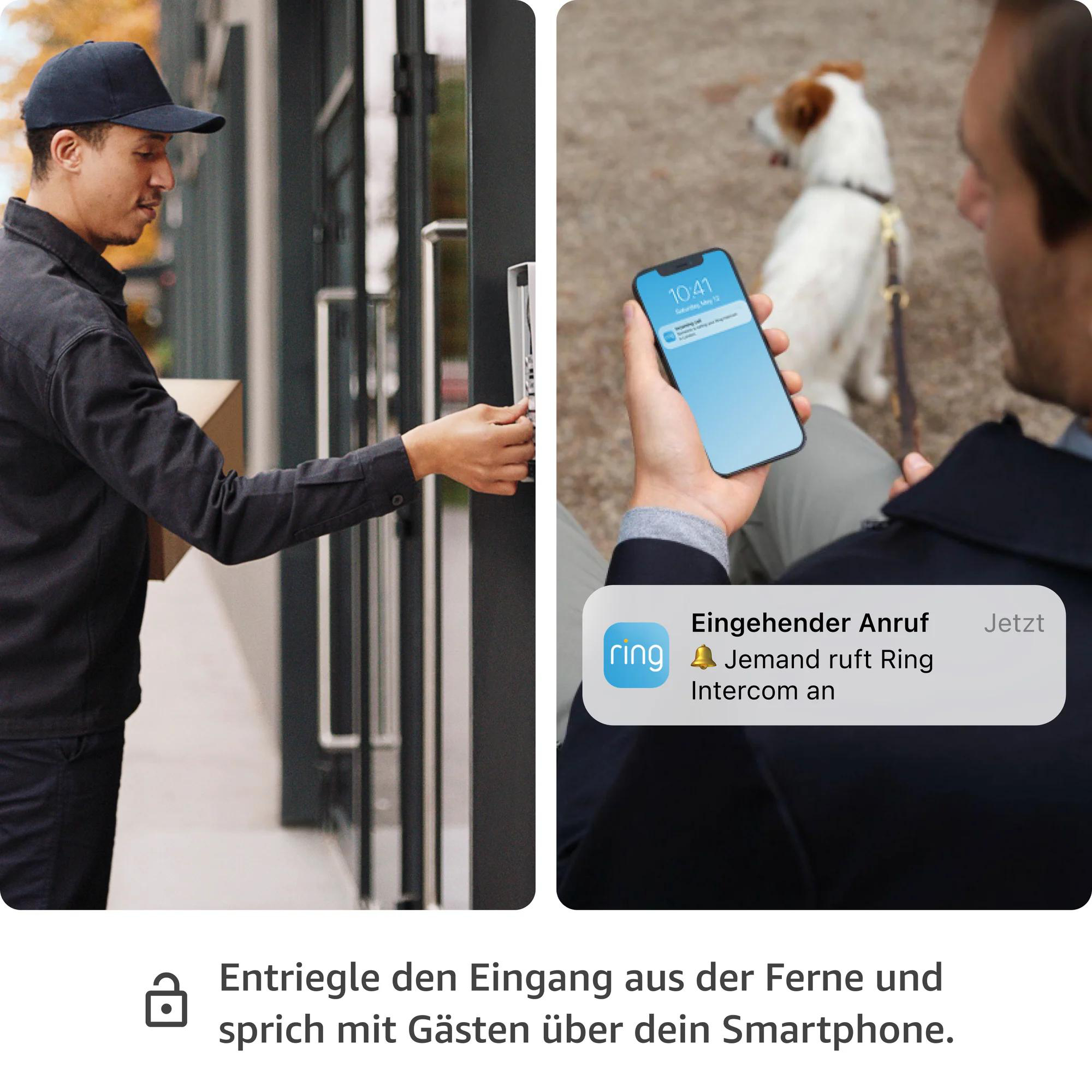 Ein Zusteller öffnet eine Tür. Eine Person mit Hund hält ein Telefon mit einer Ring-Benachrichtigung.