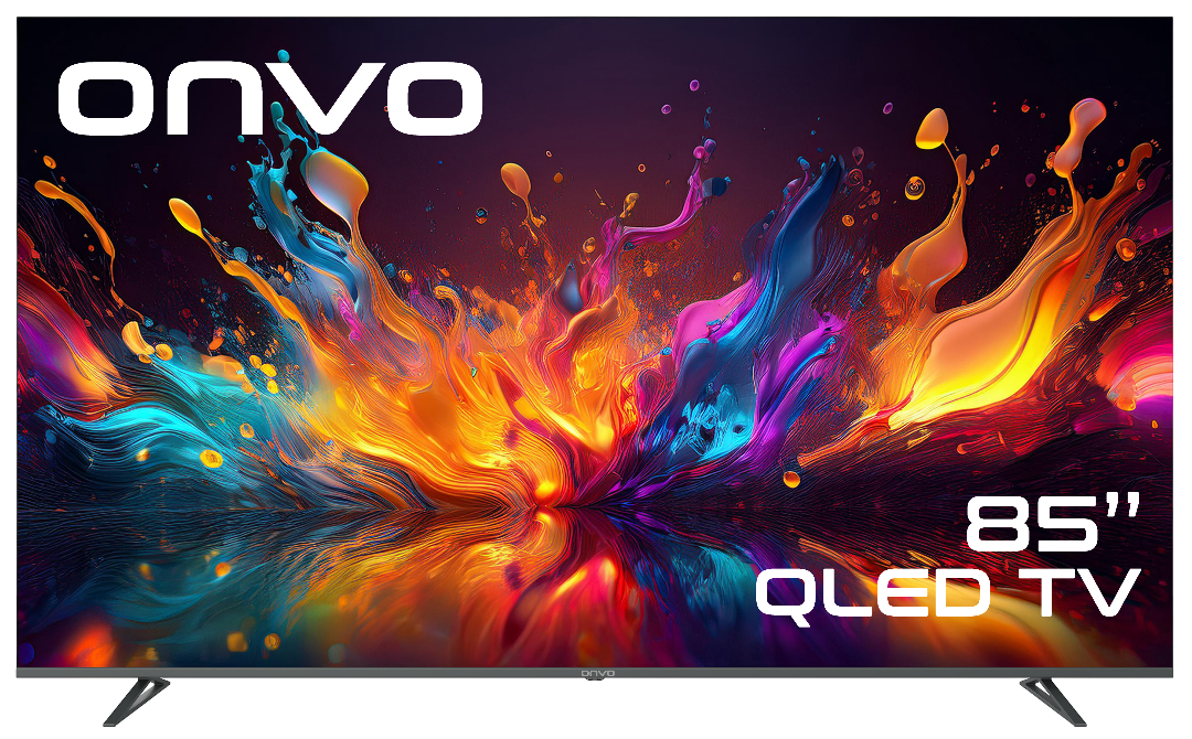 85" QLED TV, renkli soyut bir sanat eseri sergiliyor. 'onvo' marka adı üst kısımda. TV'nin siyah çerçevesi ve standı var.