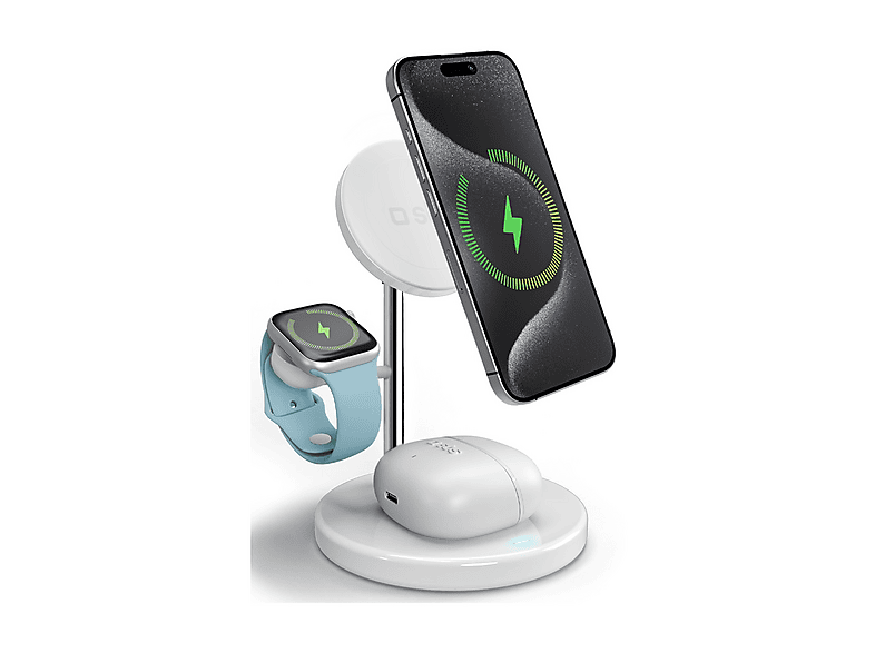Caricabatteria Magsafe SBS Caricatore stazione di ricarica wireless 3 in 1 Qi2 per cellulari, Apple Watch, auricolari, Bianco