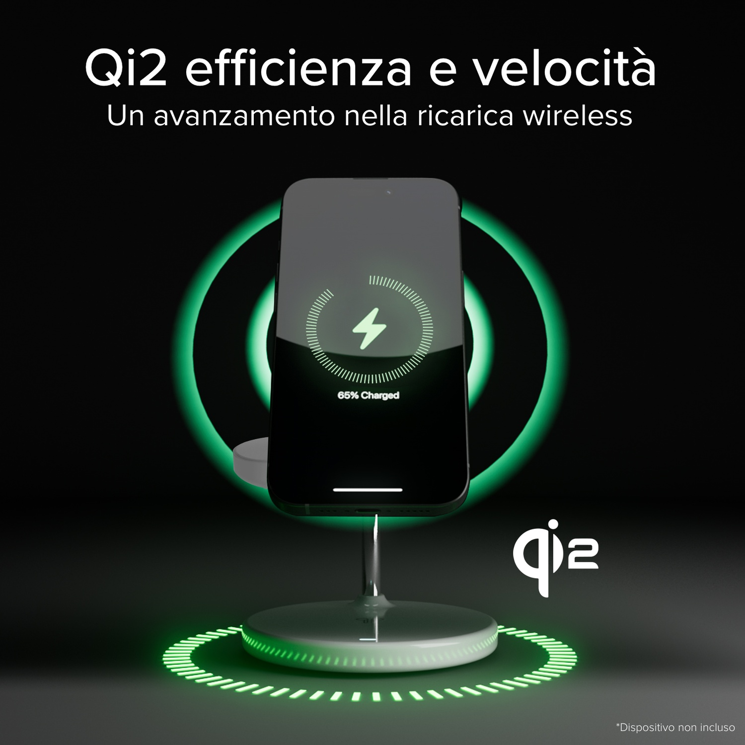 Un telefono si ricarica in modalità wireless su un supporto. Il telefono mostra un simbolo di ricarica con il 65% di carica. Le luci verdi illuminano il supporto.