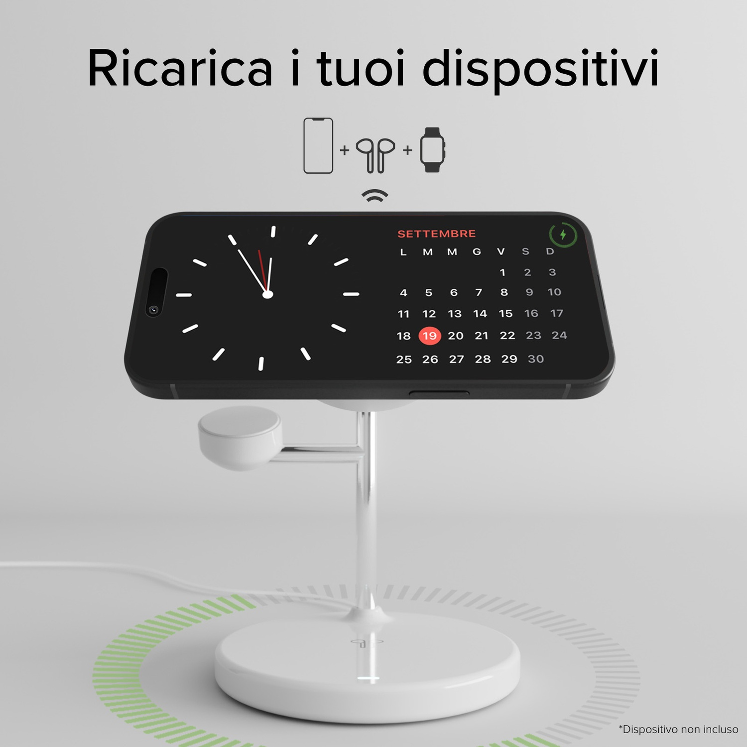 Una stazione di ricarica bianca con icone di telefono, auricolari e orologio. Il telefono mostra un orologio e il calendario di settembre.