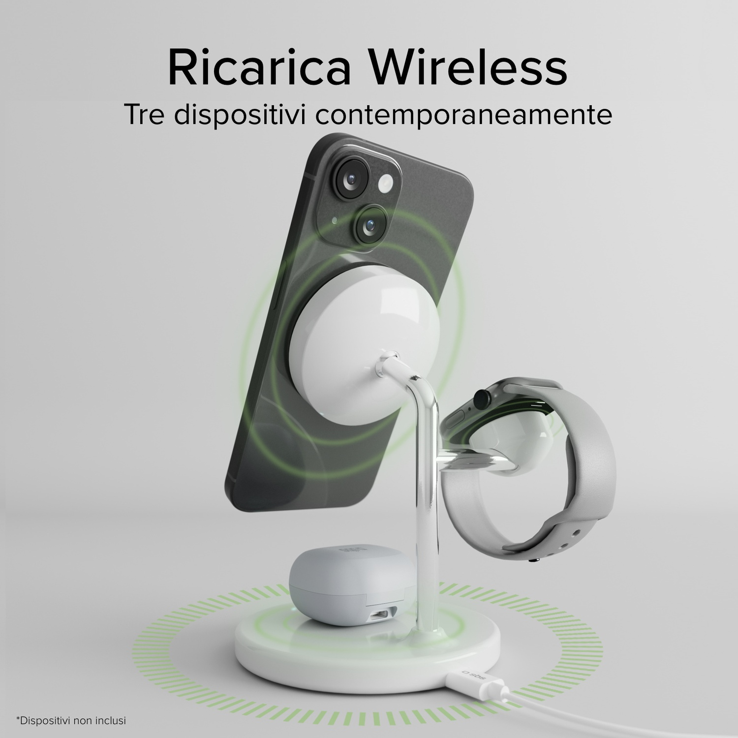 Caricatore wireless con telefono, orologio e auricolari. Base bianca, telefono al centro, orologio in alto a destra, auricolari in basso a sinistra.