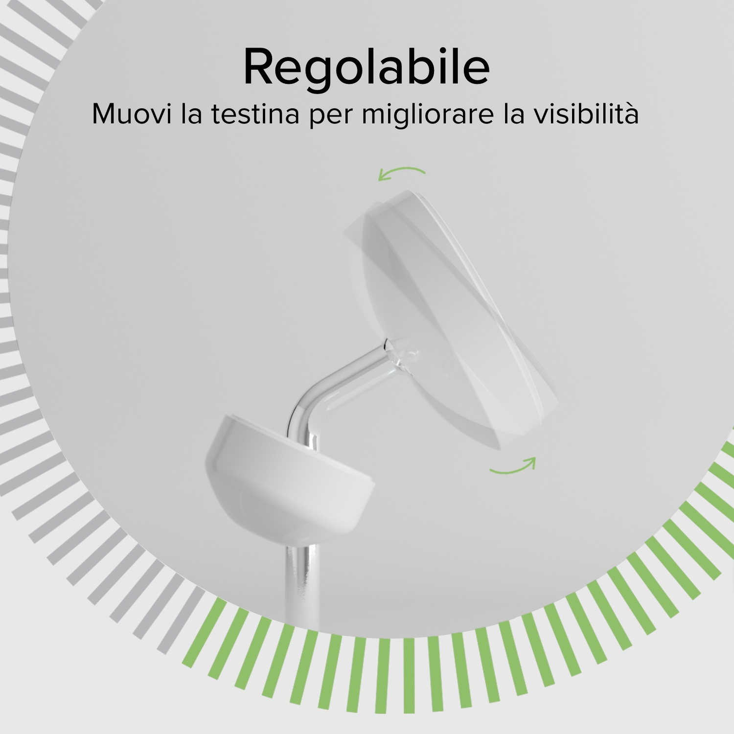 Un dispositivo bianco regolabile con braccio e testa curvi, su sfondo bianco con testo. Freccia indica il movimento.