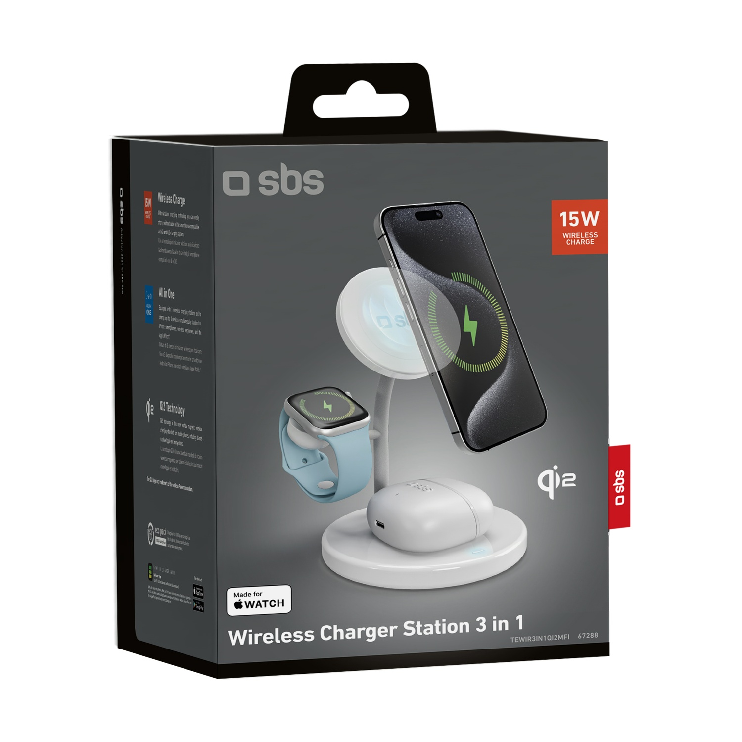 Scatola con un caricatore wireless 3 in 1. Carica telefono, orologio e auricolari. Il telefono mostra un simbolo di ricarica.