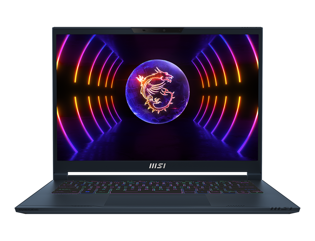Ein Laptop mit beleuchtetem Bildschirm, der ein Drachenlogo und Neonlichter zeigt, Tastatur mit Regenbogenfarben, schwarzer Hintergrund.