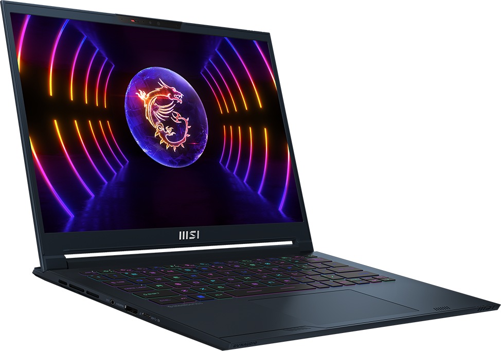 MSI-Laptop mit beleuchteter Tastatur und Bildschirm mit Drachen. Schwarzer Laptop auf dunklem Hintergrund.