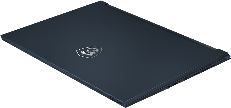 Dunkelblauer Laptop, geschlossen. Silbernes MSI-Drachenlogo oben. Winkelansicht, Anschlüsse an der Seite.