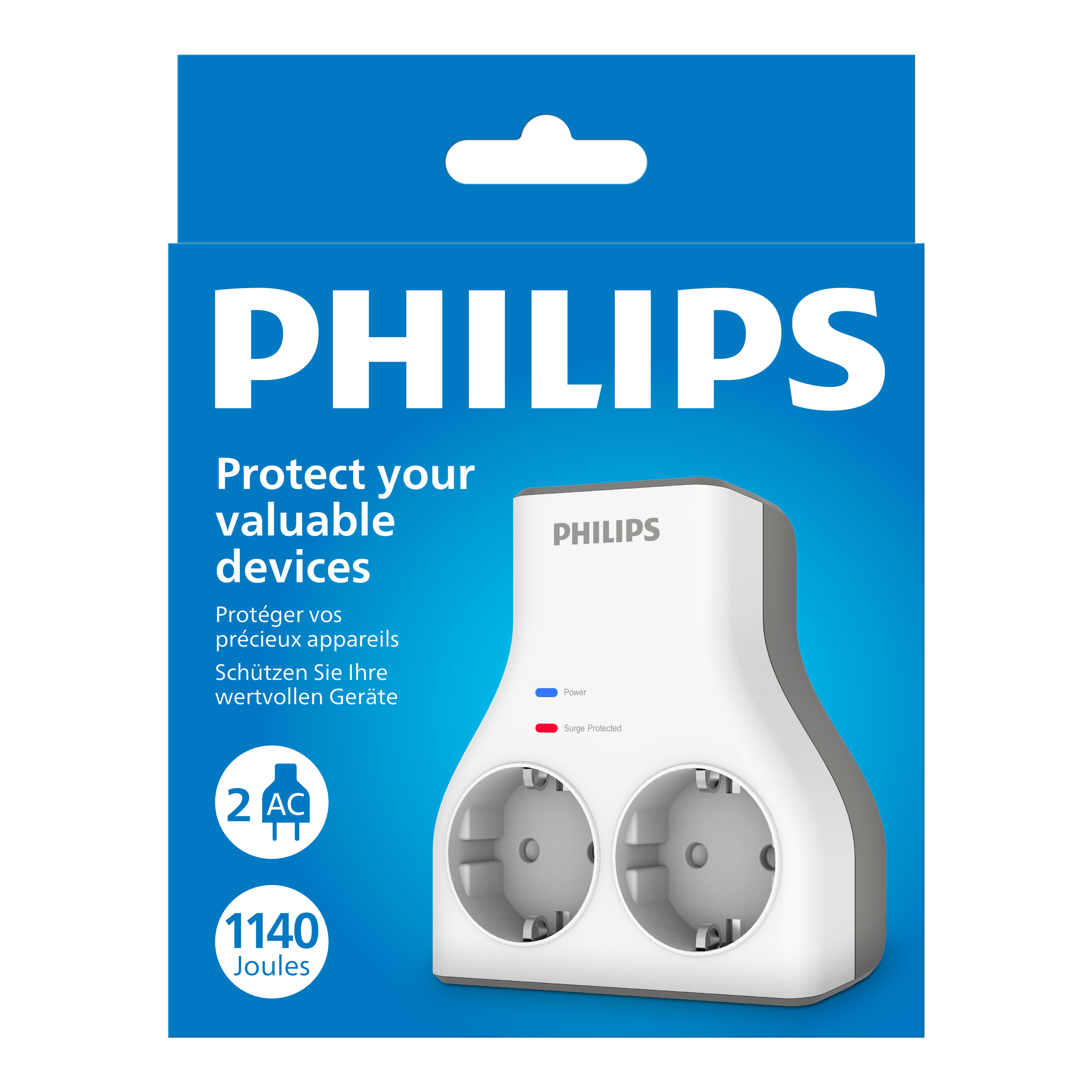 İki prizli, mavi ve kırmızı ışıklı, mavi ve beyaz ambalajlı beyaz bir Philips aşırı gerilim koruyucusu.