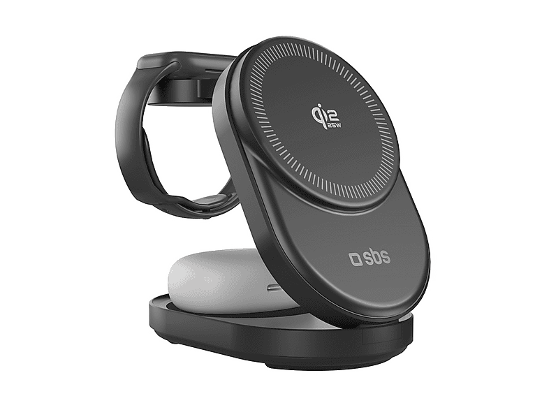 Caricabatteria Magsafe SBS Caricatore stazione di ricarica wireless 3 in 1 Qi2.2 25 W per iPhone, Apple Watch e cuffie, Nero Caricatore Magsafe