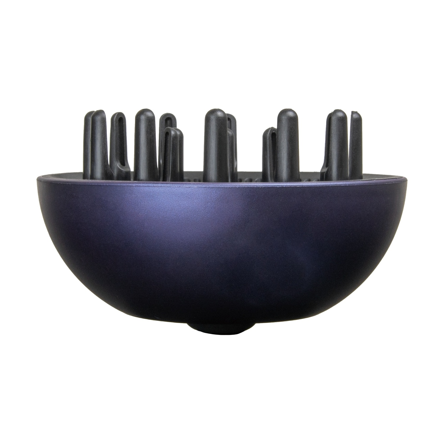 Un diffusore per asciugacapelli viola scuro con denti neri, su sfondo bianco. Il diffusore ha una forma a ciotola arrotondata.